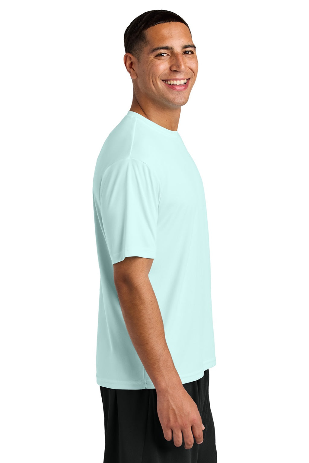 A4 A4N3142 Mens Performance Moisture Wicking Short Sleeve Crewneck T-Shirt Pastel Blue Model Side
