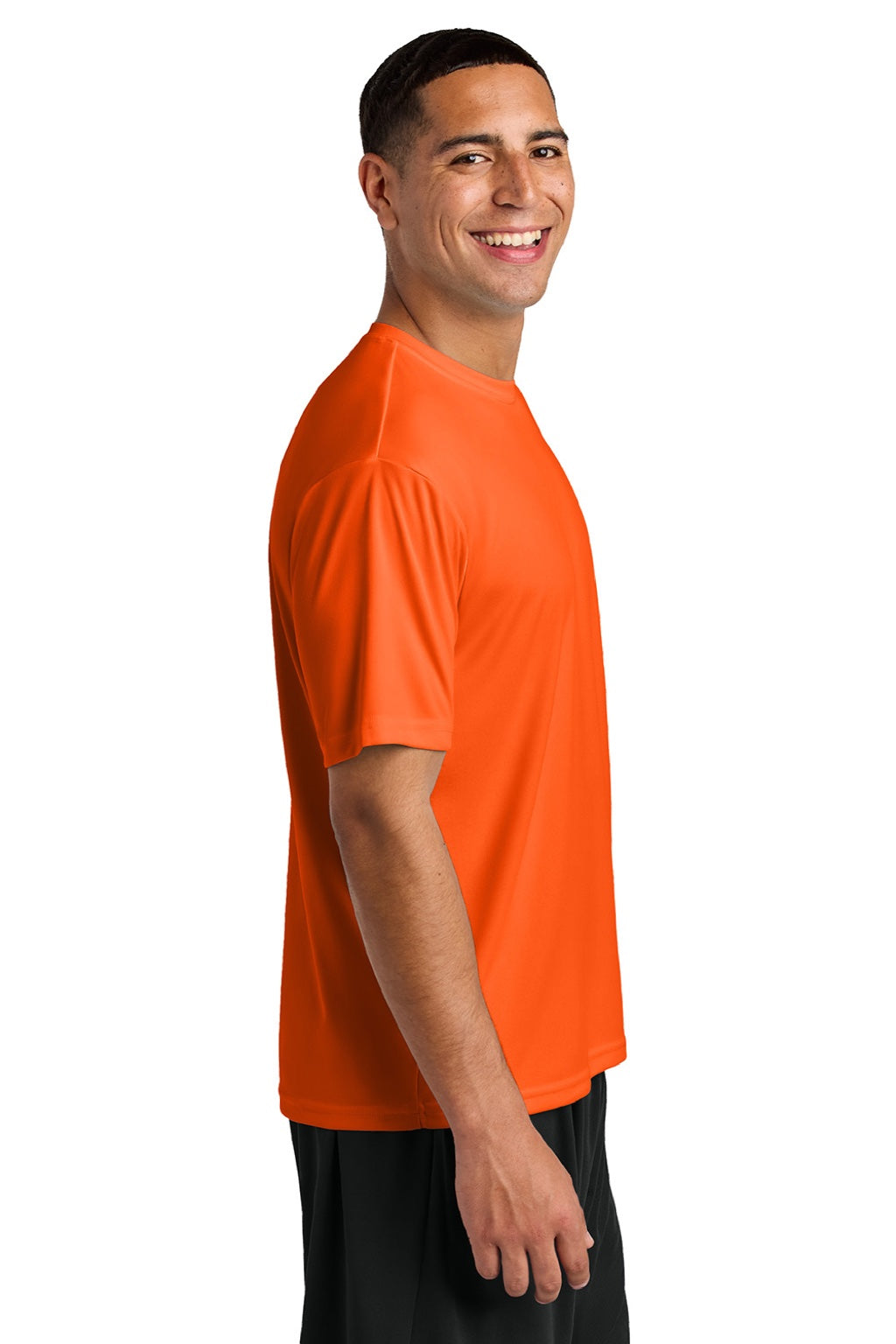 A4 A4N3142 Mens Performance Moisture Wicking Short Sleeve Crewneck T-Shirt Safety Orange Model Side