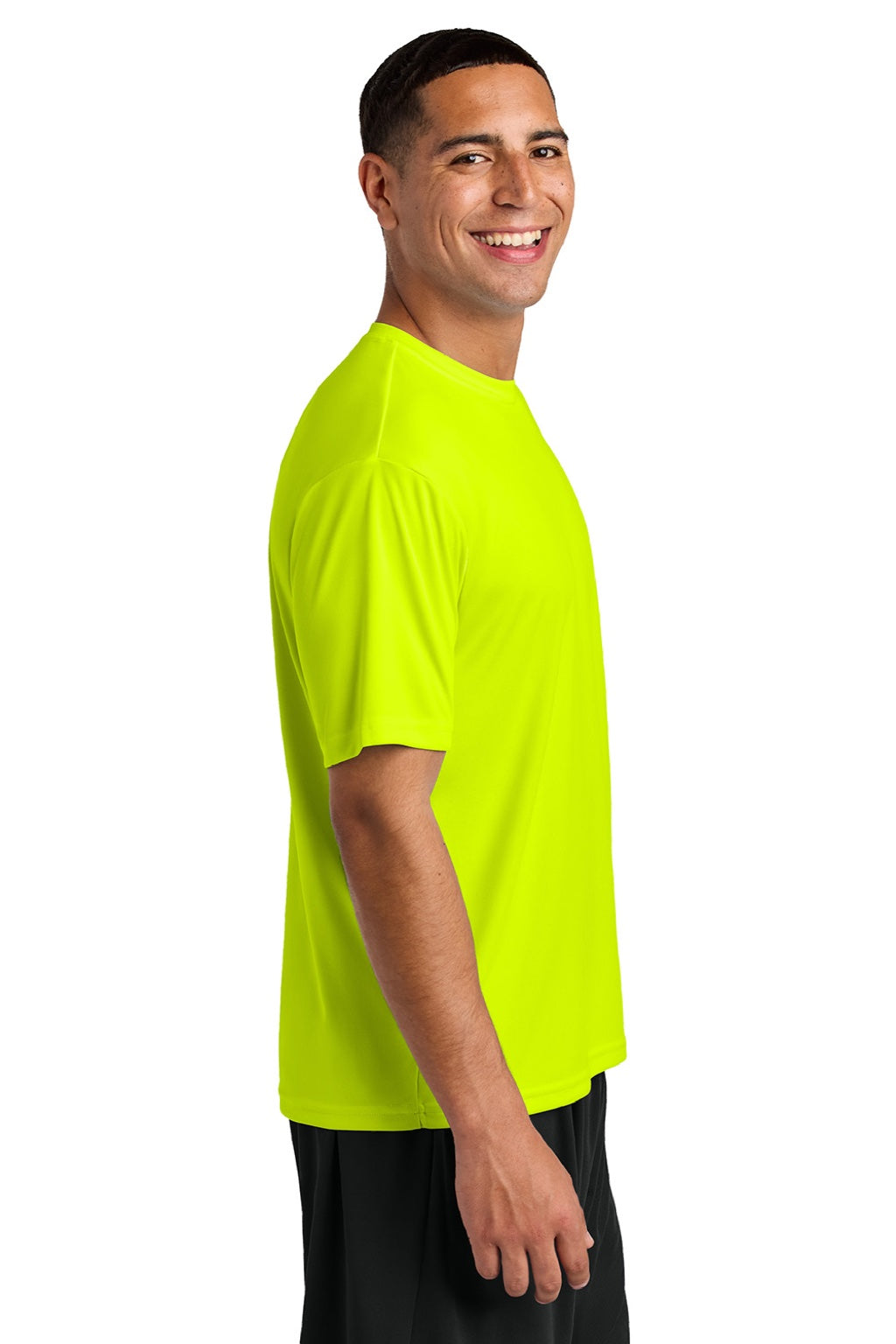 A4 A4N3142 Mens Performance Moisture Wicking Short Sleeve Crewneck T-Shirt Safety Yellow Model Side