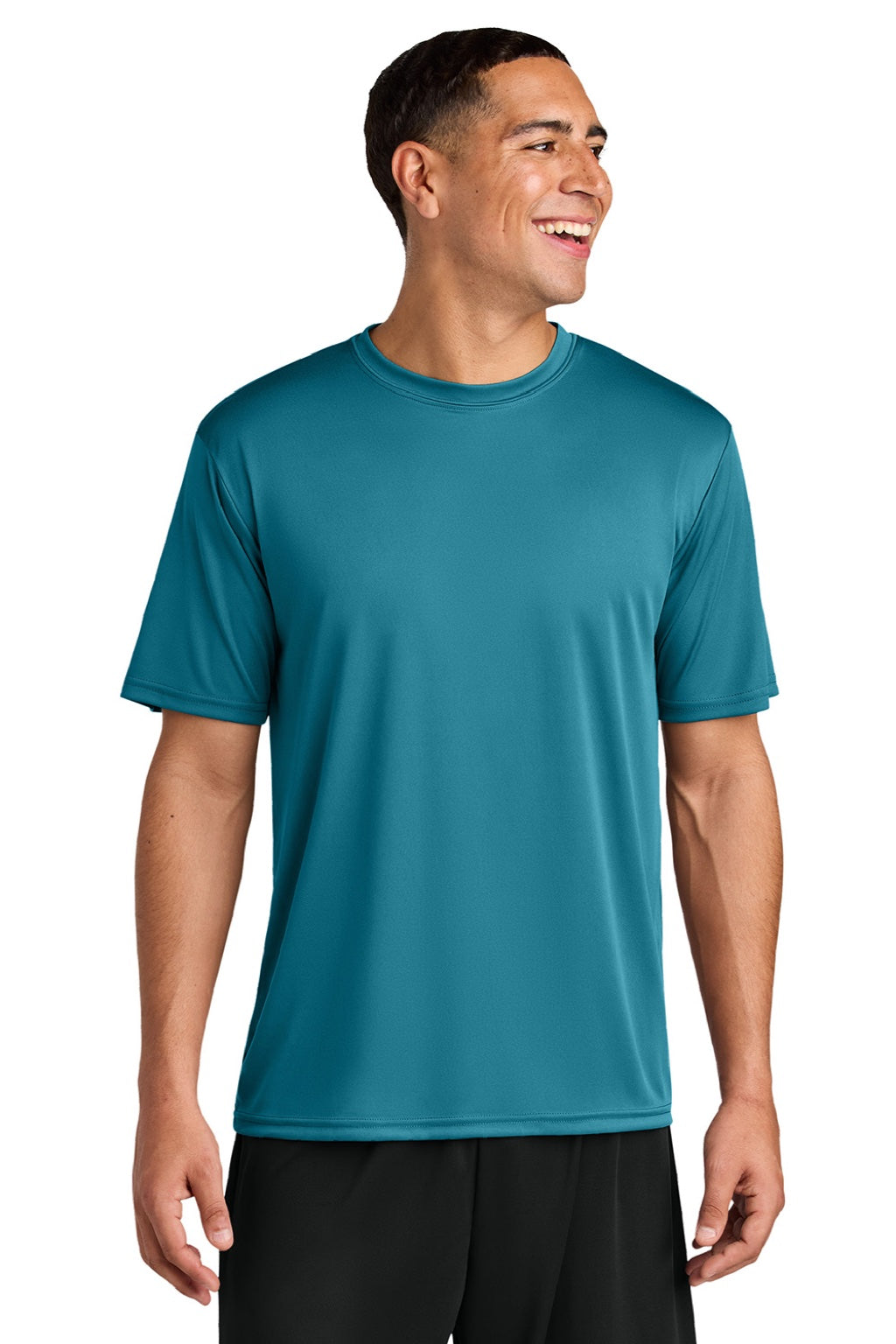 A4 A4N3142 Mens Performance Moisture Wicking Short Sleeve Crewneck T-Shirt Teal Blue Model Front