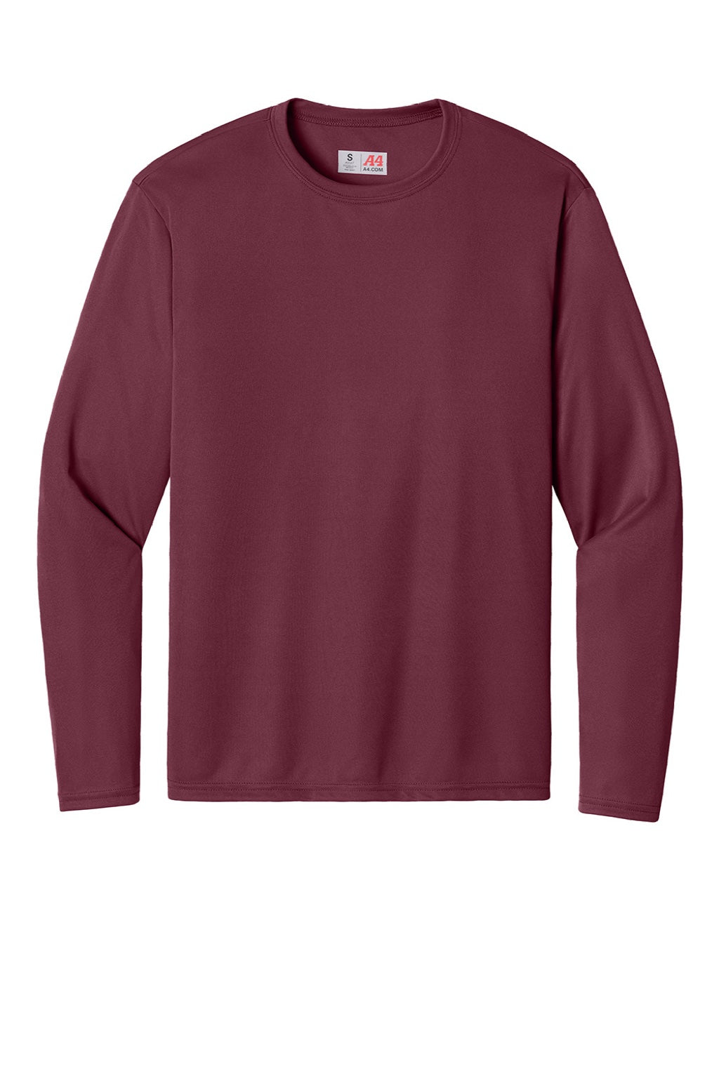 A4 A4N3165 Mens Performance Moisture Wicking Long Sleeve Crewneck T-Shirt Cardinal Red Flat Front
