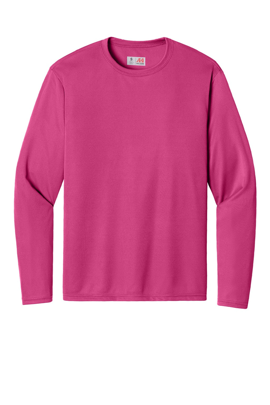 A4 A4N3165 Mens Performance Moisture Wicking Long Sleeve Crewneck T-Shirt Fuchsia Pink Flat Front
