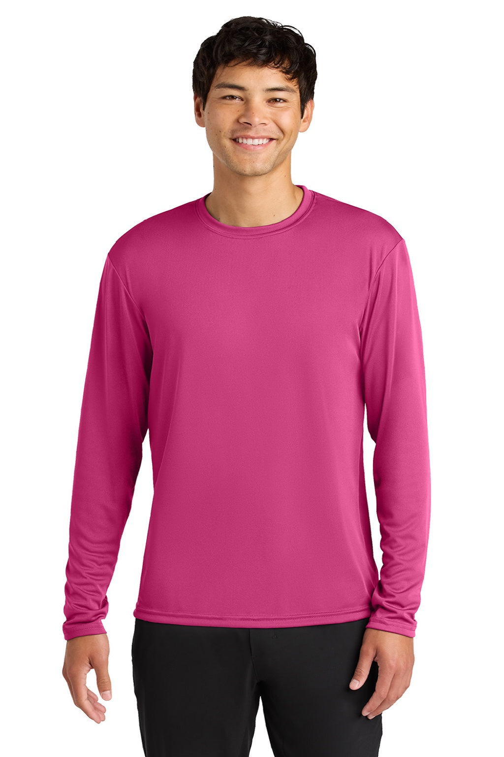 A4 A4N3165 Mens Performance Moisture Wicking Long Sleeve Crewneck T-Shirt Fuchsia Pink Model Front
