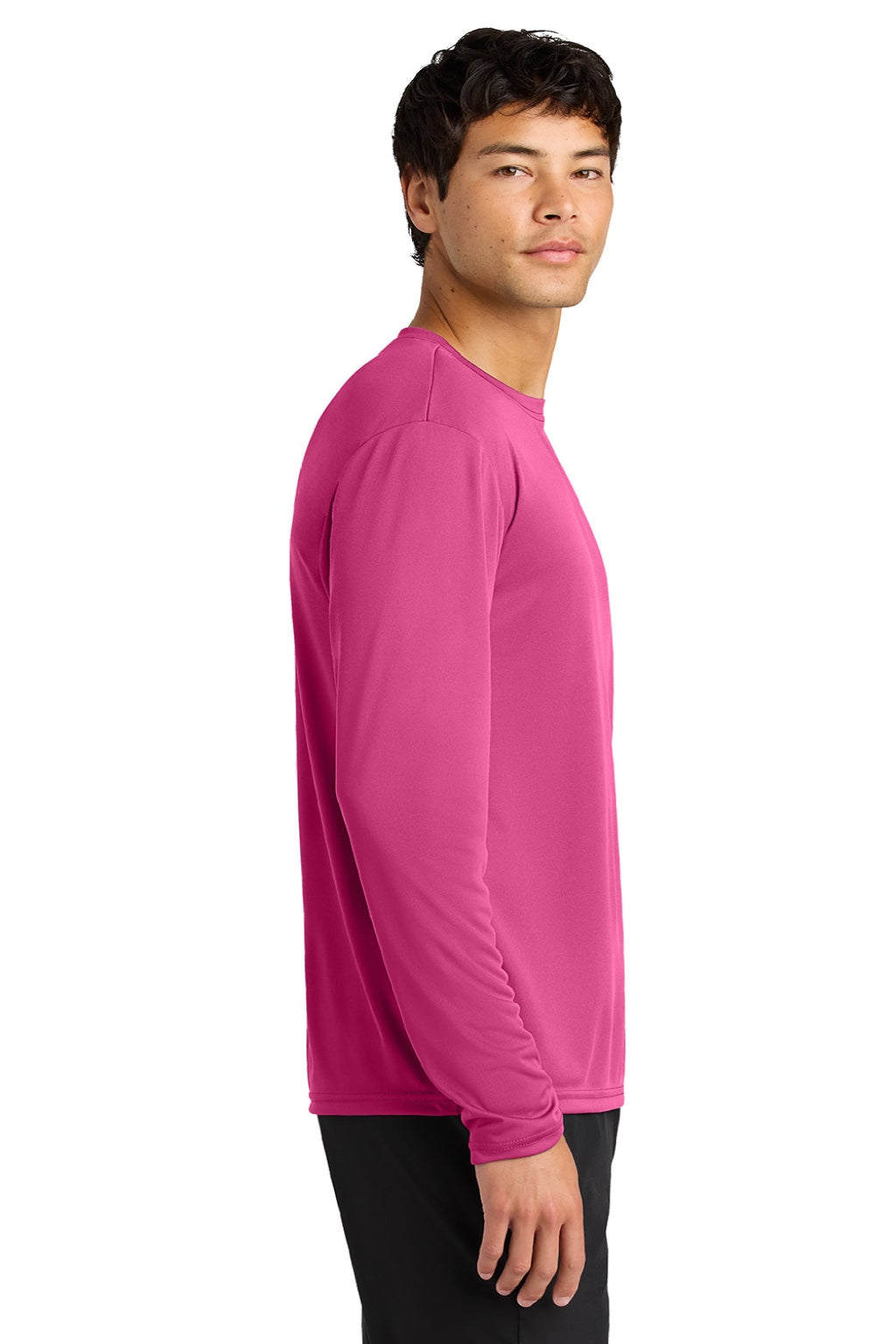 A4 A4N3165 Mens Performance Moisture Wicking Long Sleeve Crewneck T-Shirt Fuchsia Pink Model Side