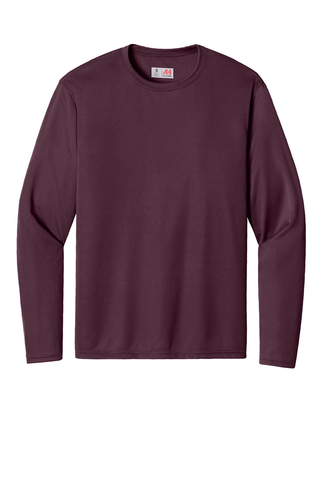 A4 A4N3165 Mens Performance Moisture Wicking Long Sleeve Crewneck T-Shirt Maroon Flat Front