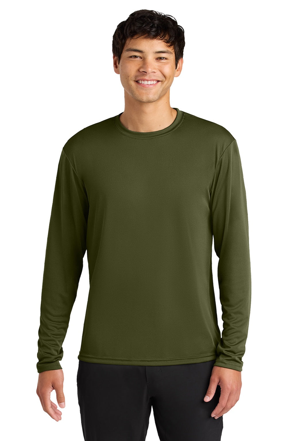 A4 A4N3165 Mens Performance Moisture Wicking Long Sleeve Crewneck T-Shirt Military Green Model Front