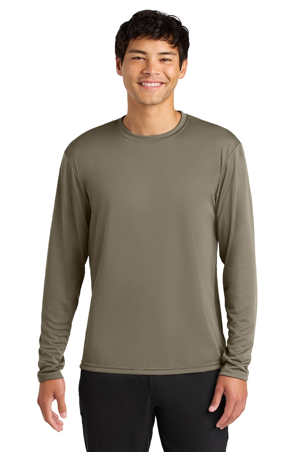 A4 A4N3165 Mens Performance Moisture Wicking Long Sleeve Crewneck T-Shirt Olive Green Model Front
