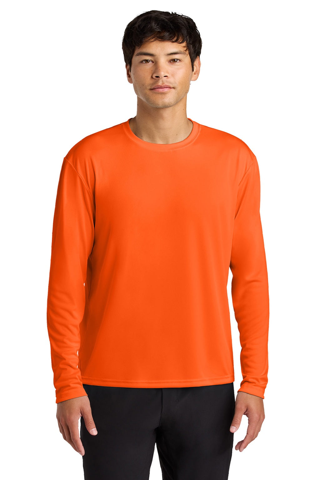 A4 A4N3165 Mens Performance Moisture Wicking Long Sleeve Crewneck T-Shirt Safety Orange Model Front