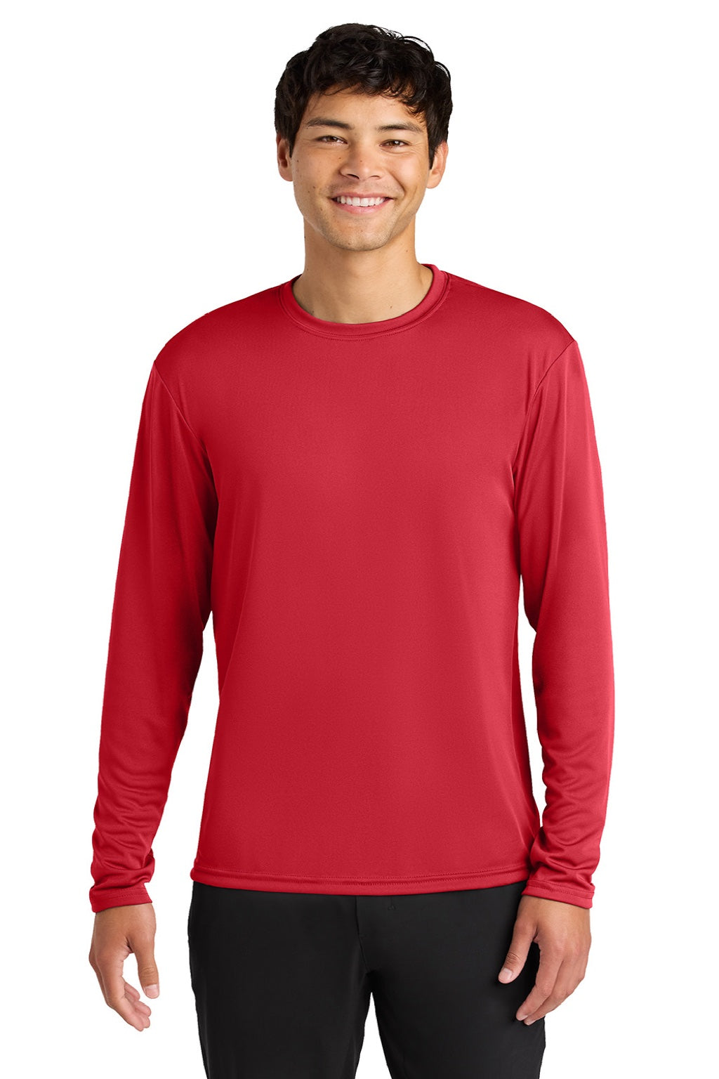 A4 A4N3165 Mens Performance Moisture Wicking Long Sleeve Crewneck T-Shirt Scarlet Red Model Front