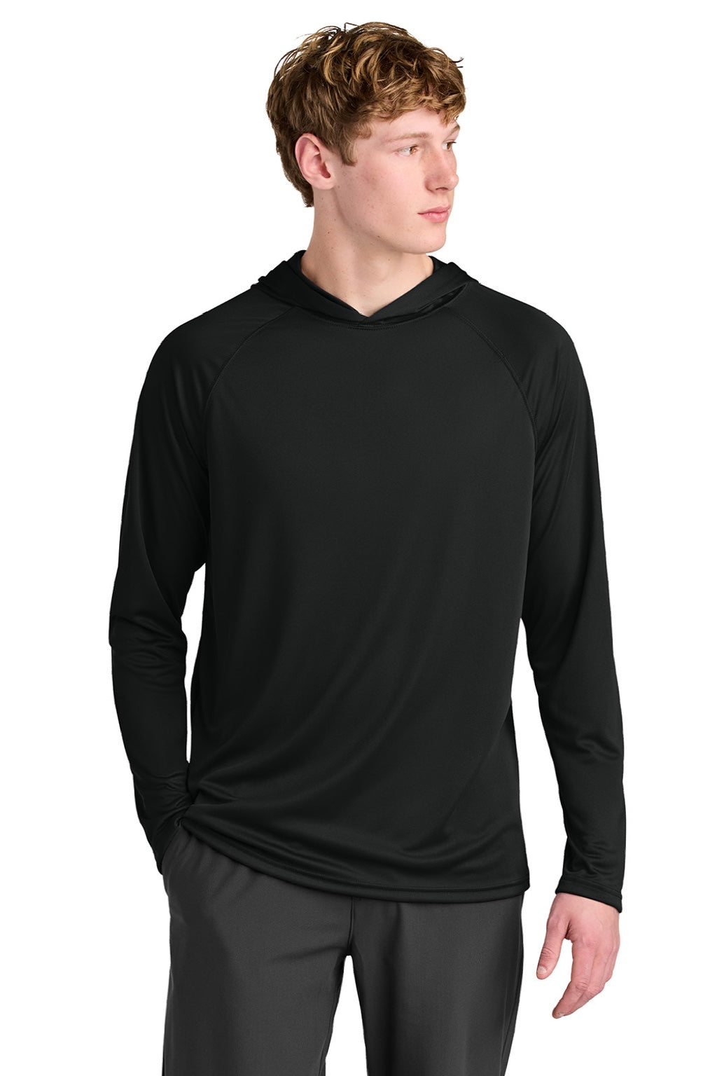 A4 A4N3409 Mens Performance Moisture Wicking Long Sleeve Hooded T-Shirt Hoodie Black Model Front