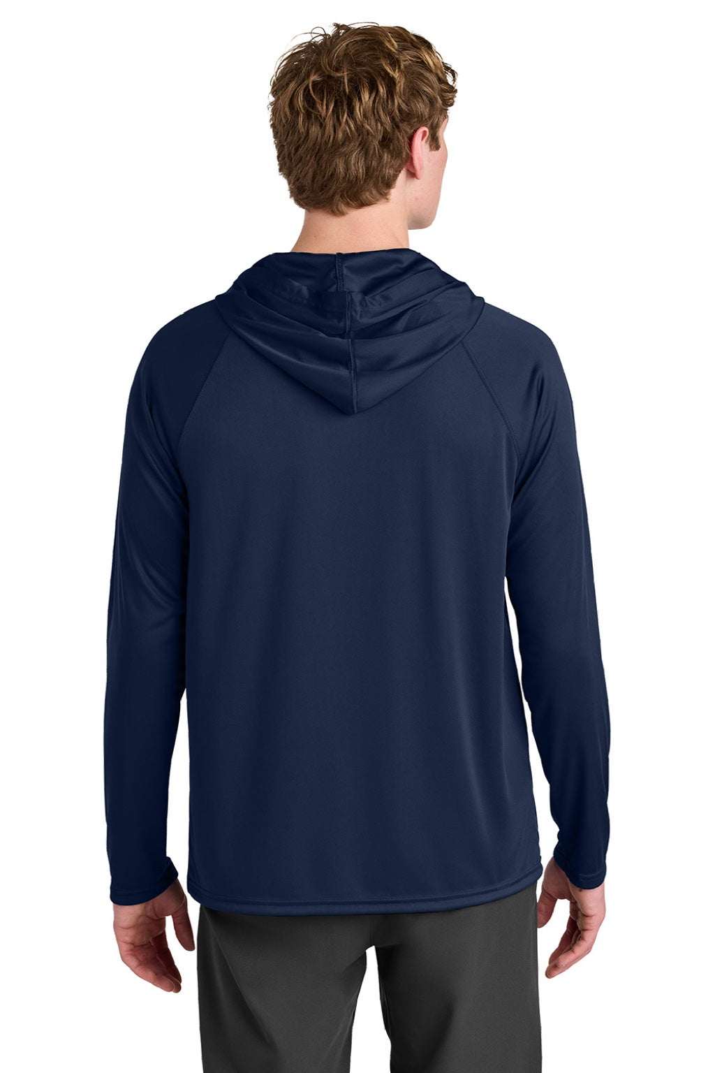 A4 A4N3409 Mens Performance Moisture Wicking Long Sleeve Hooded T-Shirt Hoodie Navy Blue Model Back