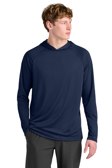 A4 A4N3409 Mens Performance Moisture Wicking Long Sleeve Hooded T-Shirt Hoodie Navy Blue Model Front