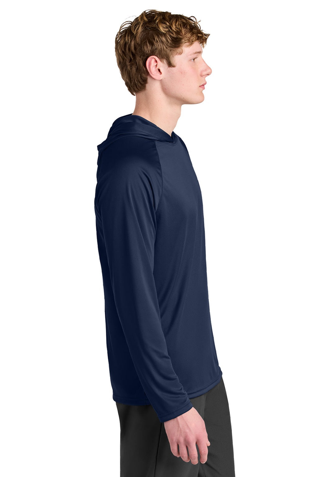 A4 A4N3409 Mens Performance Moisture Wicking Long Sleeve Hooded T-Shirt Hoodie Navy Blue Model Side