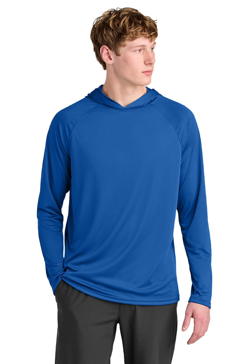 A4 A4N3409 Mens Performance Moisture Wicking Long Sleeve Hooded T-Shirt Hoodie Royal Blue Model Front