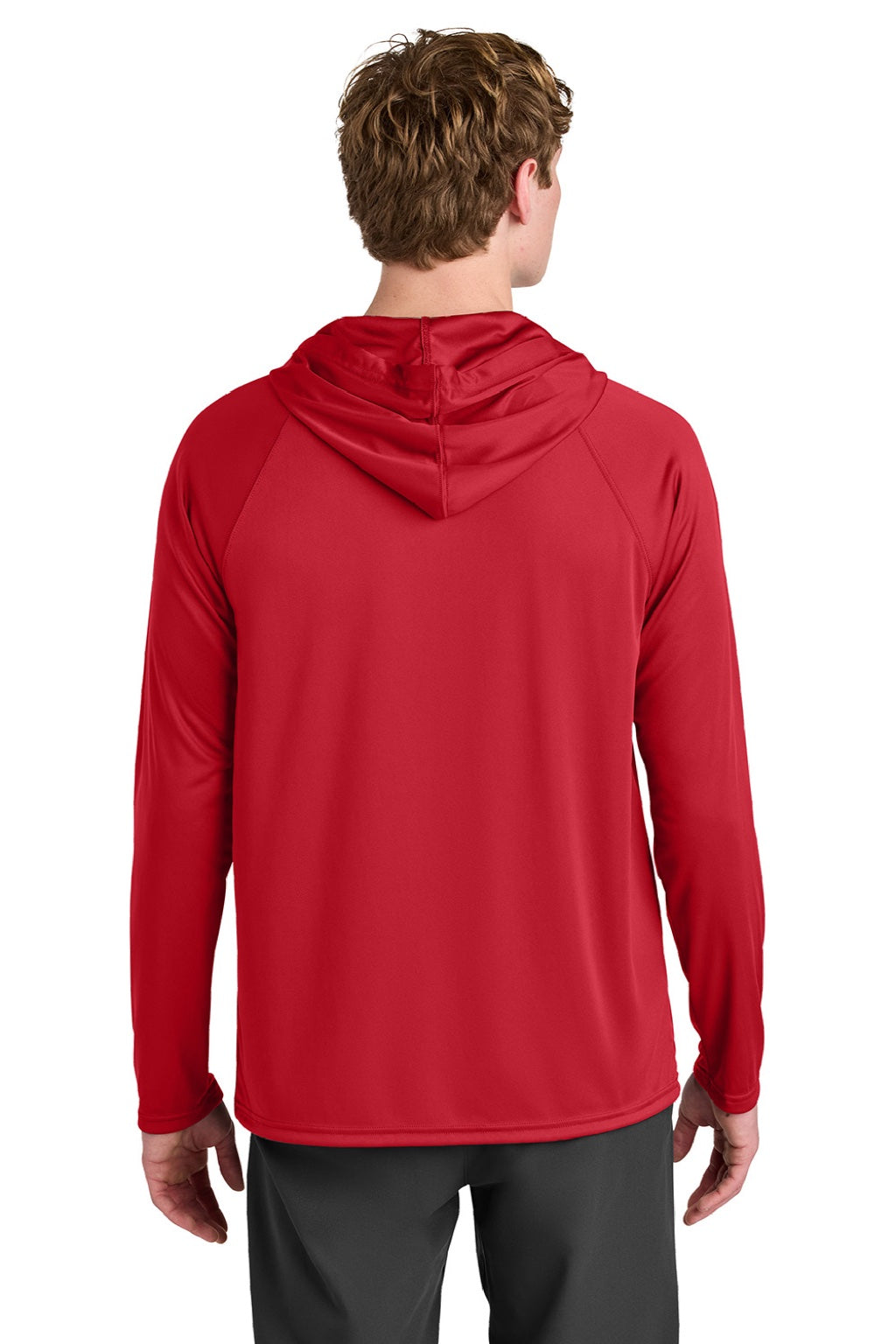 A4 A4N3409 Mens Performance Moisture Wicking Long Sleeve Hooded T-Shirt Hoodie Scarlet Red Model Back