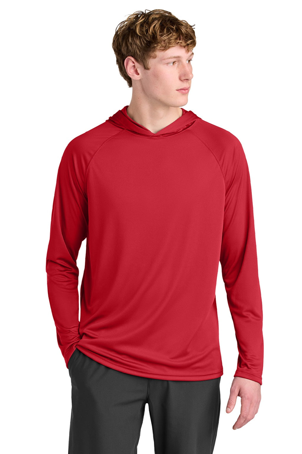 A4 A4N3409 Mens Performance Moisture Wicking Long Sleeve Hooded T-Shirt Hoodie Scarlet Red Model Front