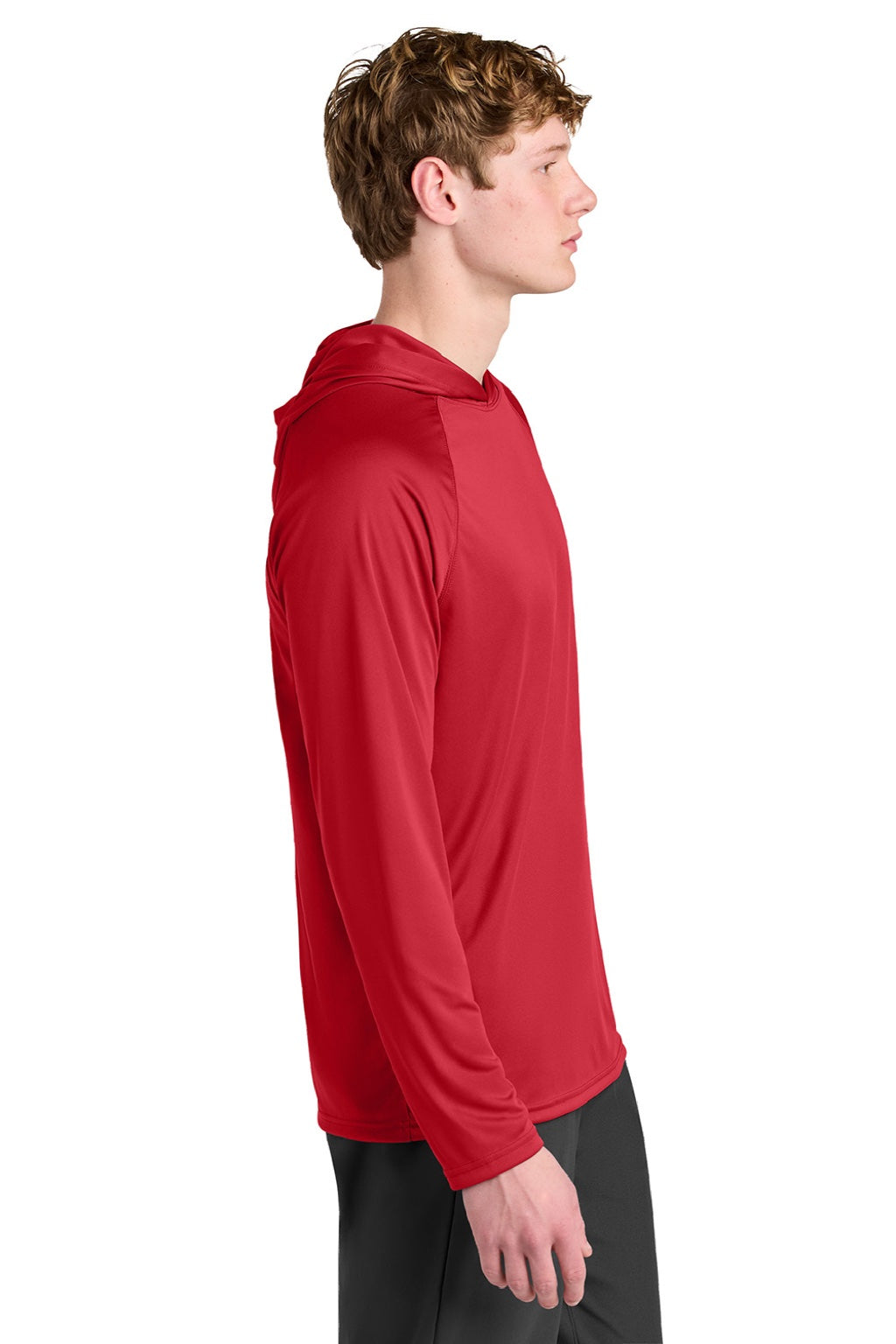 A4 A4N3409 Mens Performance Moisture Wicking Long Sleeve Hooded T-Shirt Hoodie Scarlet Red Model Side