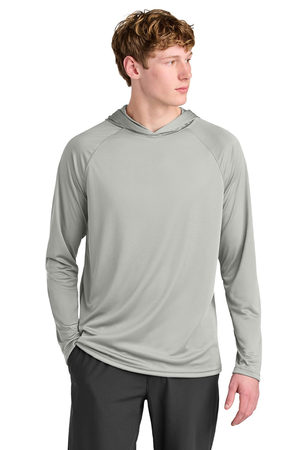 A4 A4N3409 Mens Performance Moisture Wicking Long Sleeve Hooded T-Shirt Hoodie Silver Grey Model Front