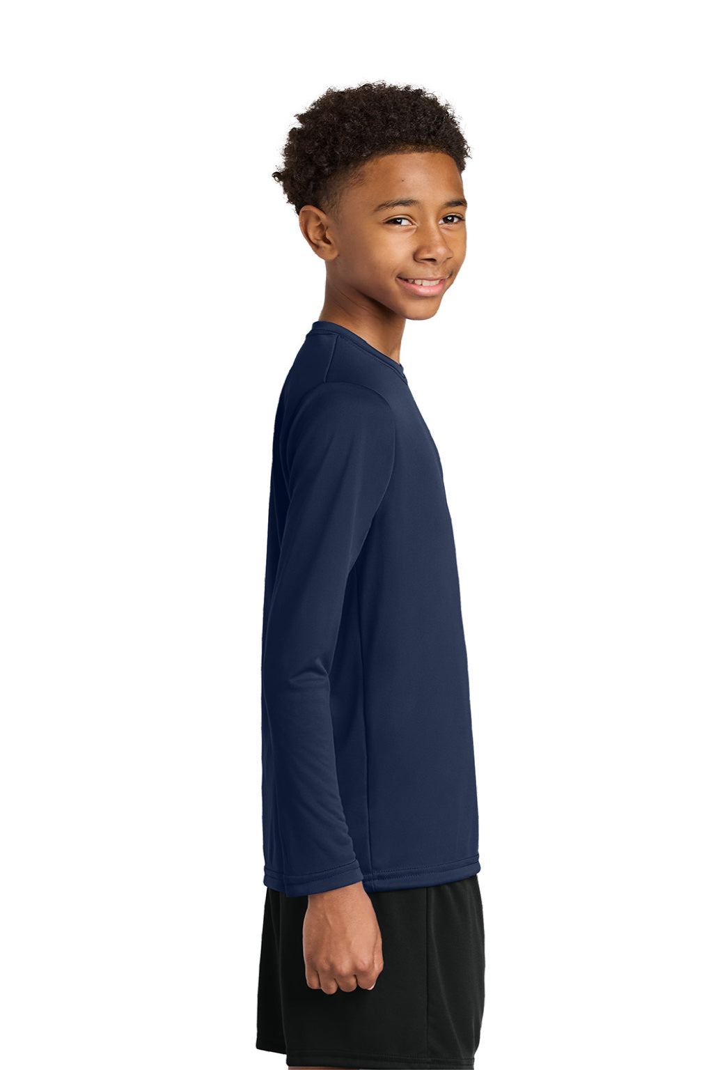 A4 A4NB3165 Youth Cooling Performance Long Sleeve Crewneck T-Shirt Navy Blue Model Side