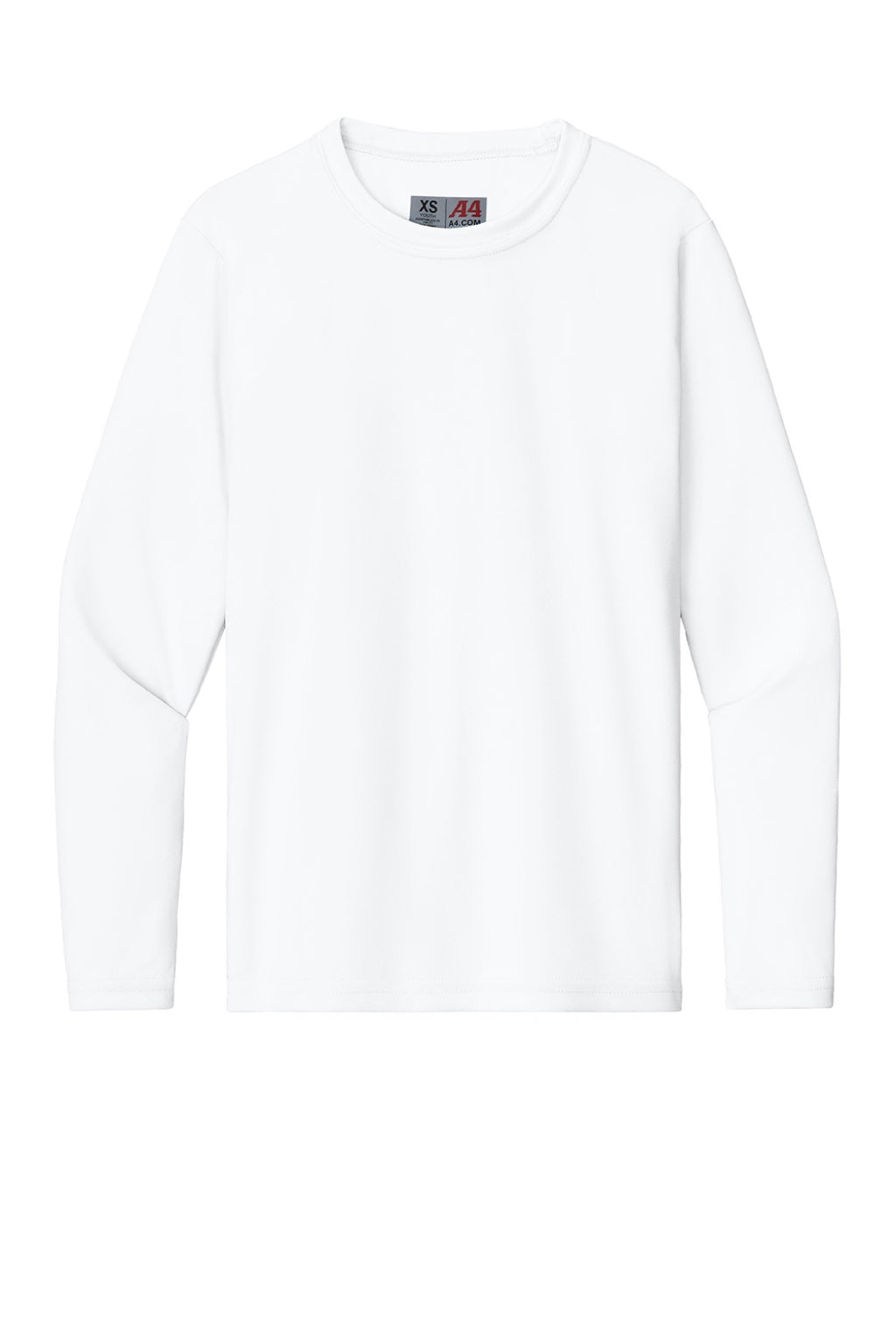 A4 A4NB3165 Youth Cooling Performance Long Sleeve Crewneck T-Shirt White Flat Front