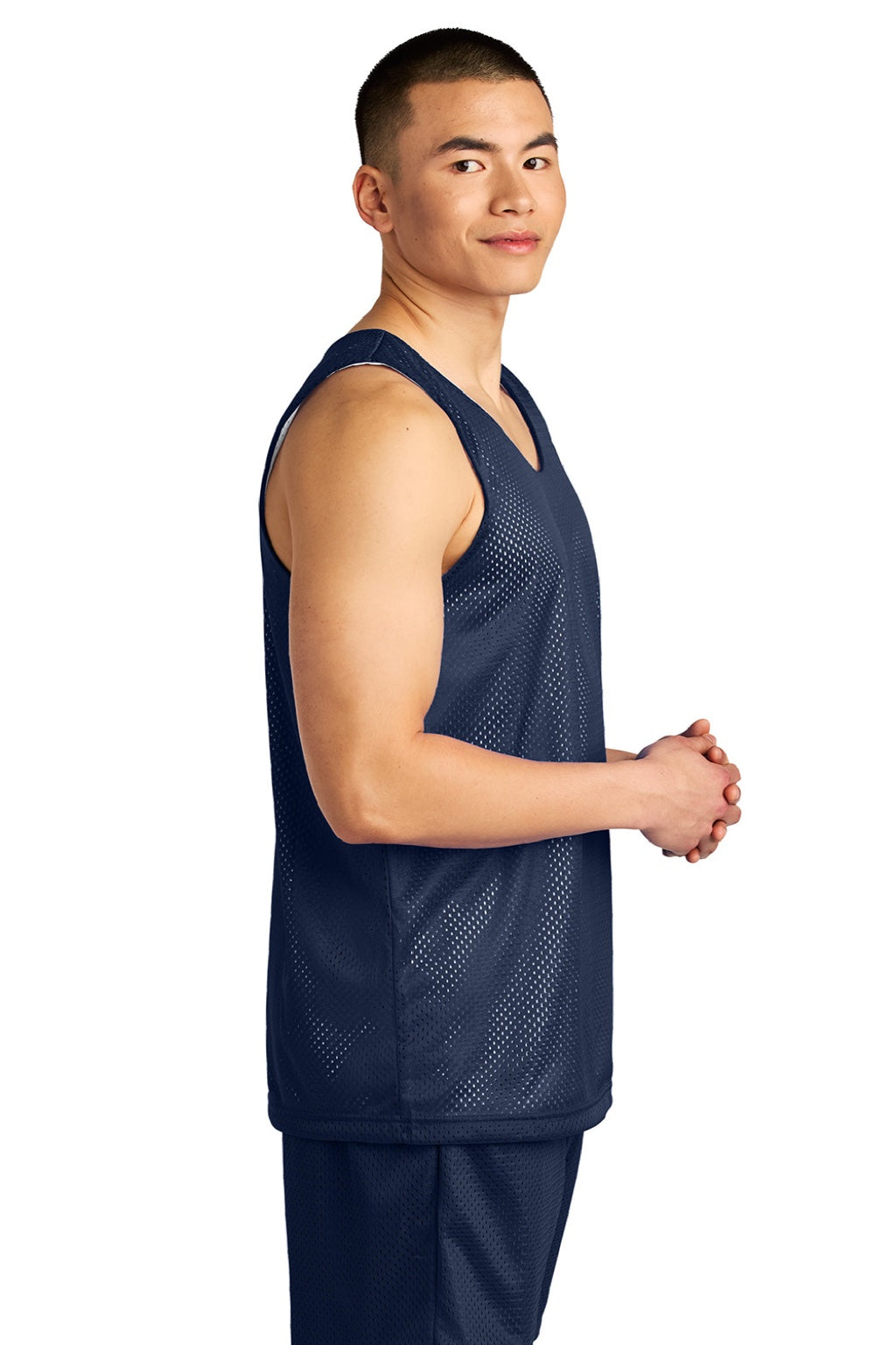 A4 A4NF1270 Mens Reversible Mesh Moisture Wicking Tank Top Navy Blue Model Side