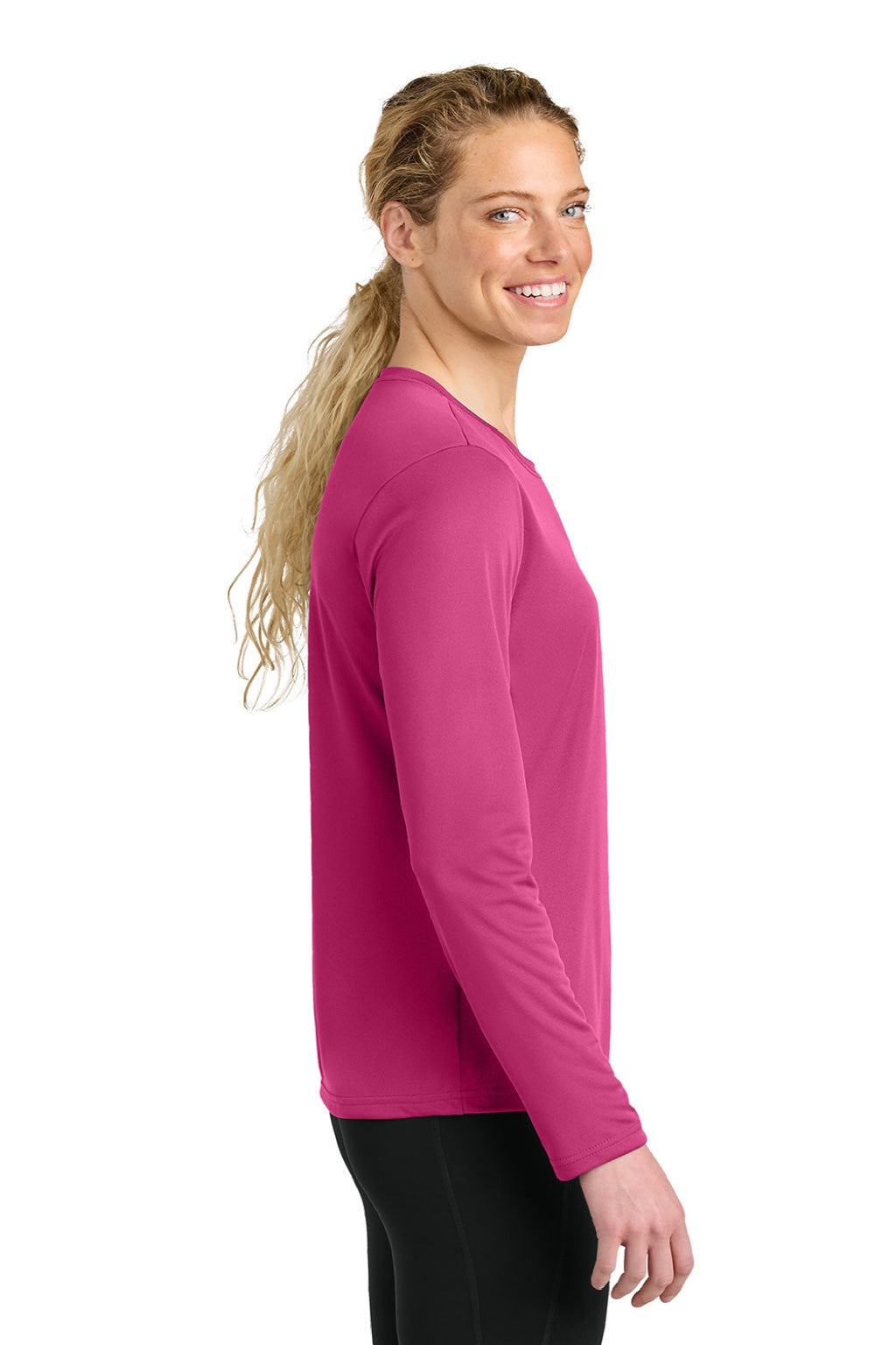 A4 A4NW3002 Womens Cooling Performance Long Sleeve Crewneck T-Shirt Fuchsia Pink Model Side