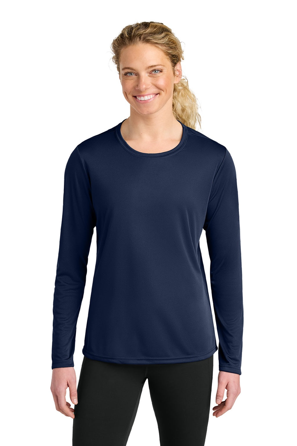 A4 A4NW3002 Womens Cooling Performance Long Sleeve Crewneck T-Shirt Navy Blue Model Front