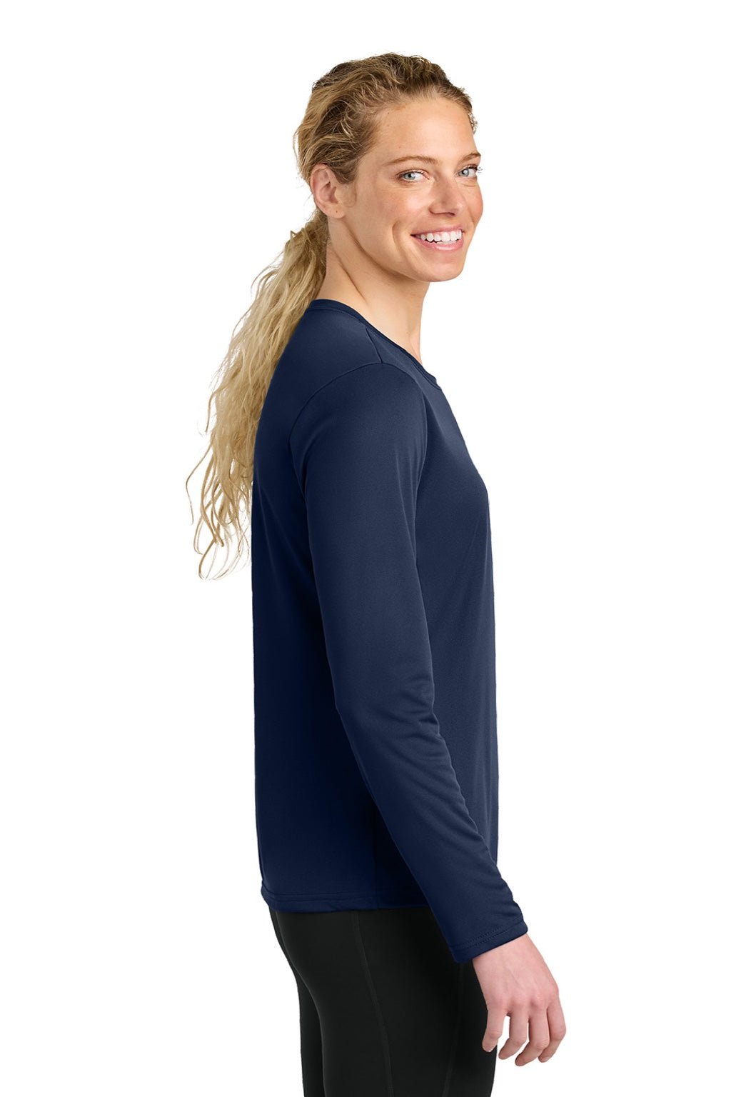 A4 A4NW3002 Womens Cooling Performance Long Sleeve Crewneck T-Shirt Navy Blue Model Side