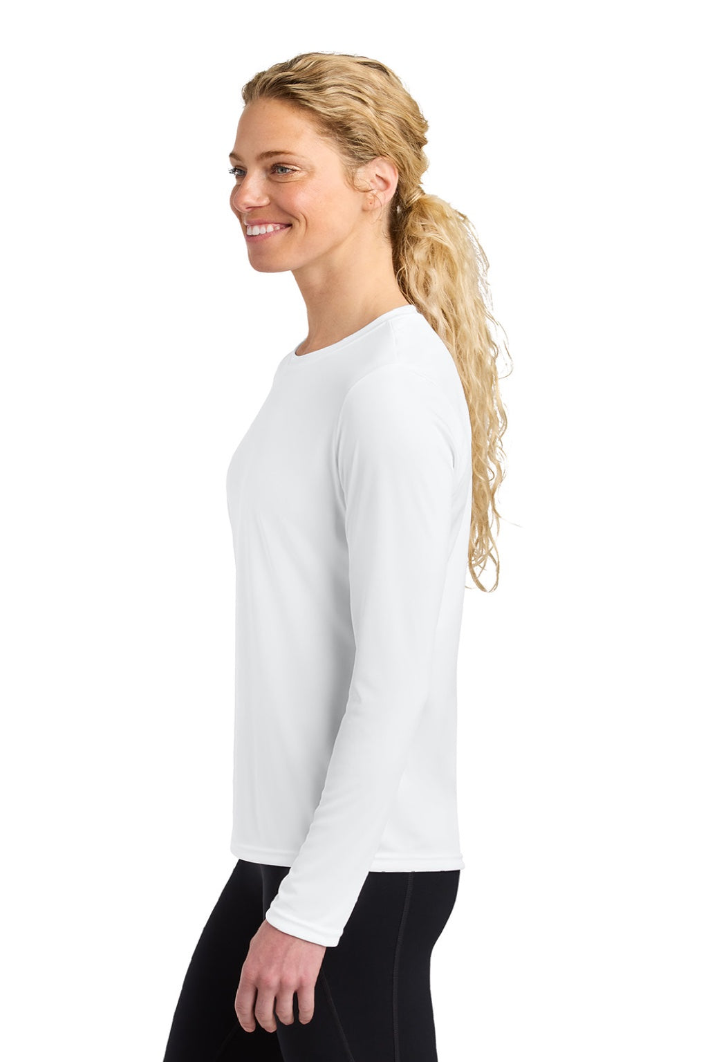 A4 A4NW3002 Womens Cooling Performance Long Sleeve Crewneck T-Shirt White Model Side