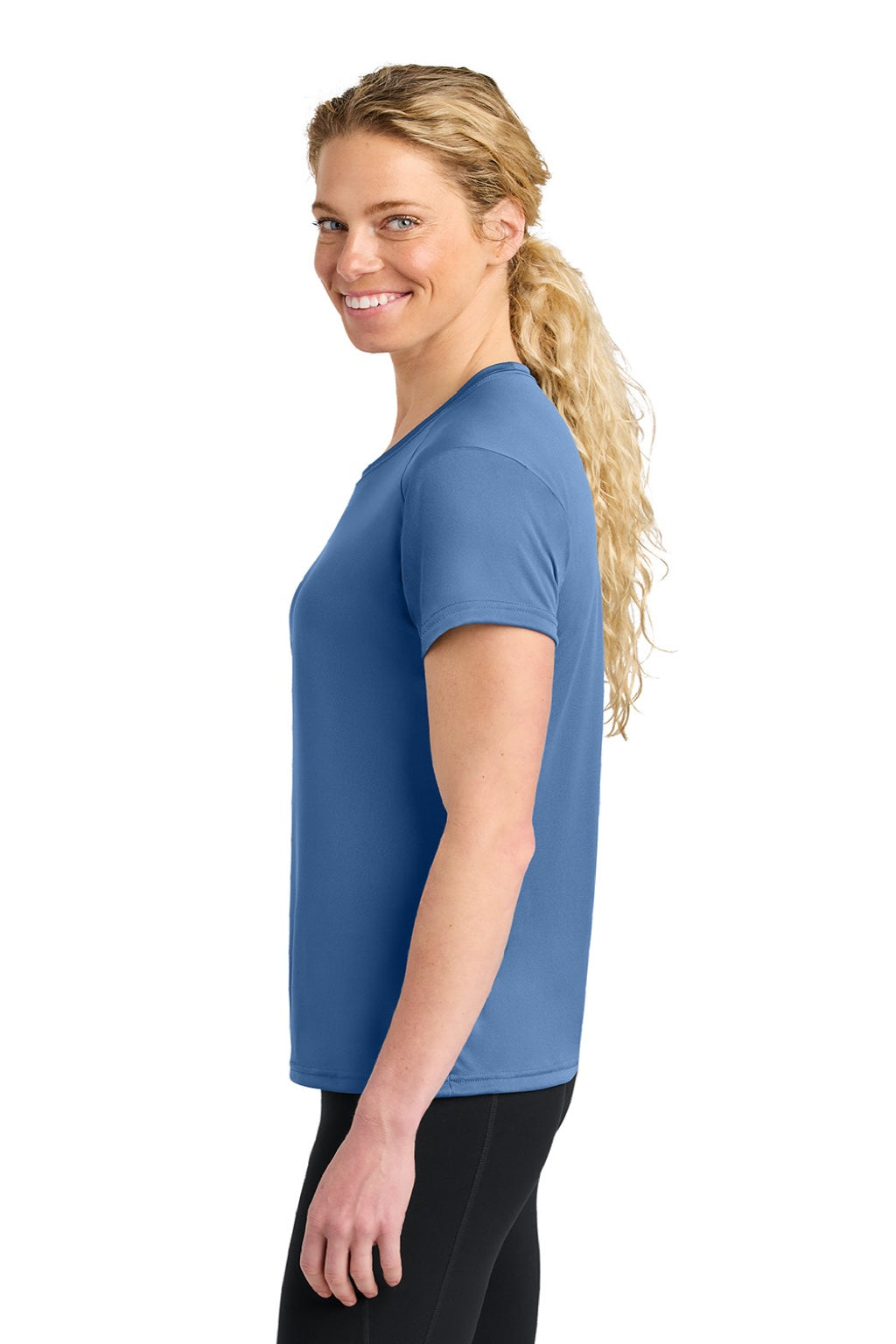 A4 A4NW3201 Womens Performance Moisture Wicking Short Sleeve Crewneck T-Shirt Light Blue Model Side