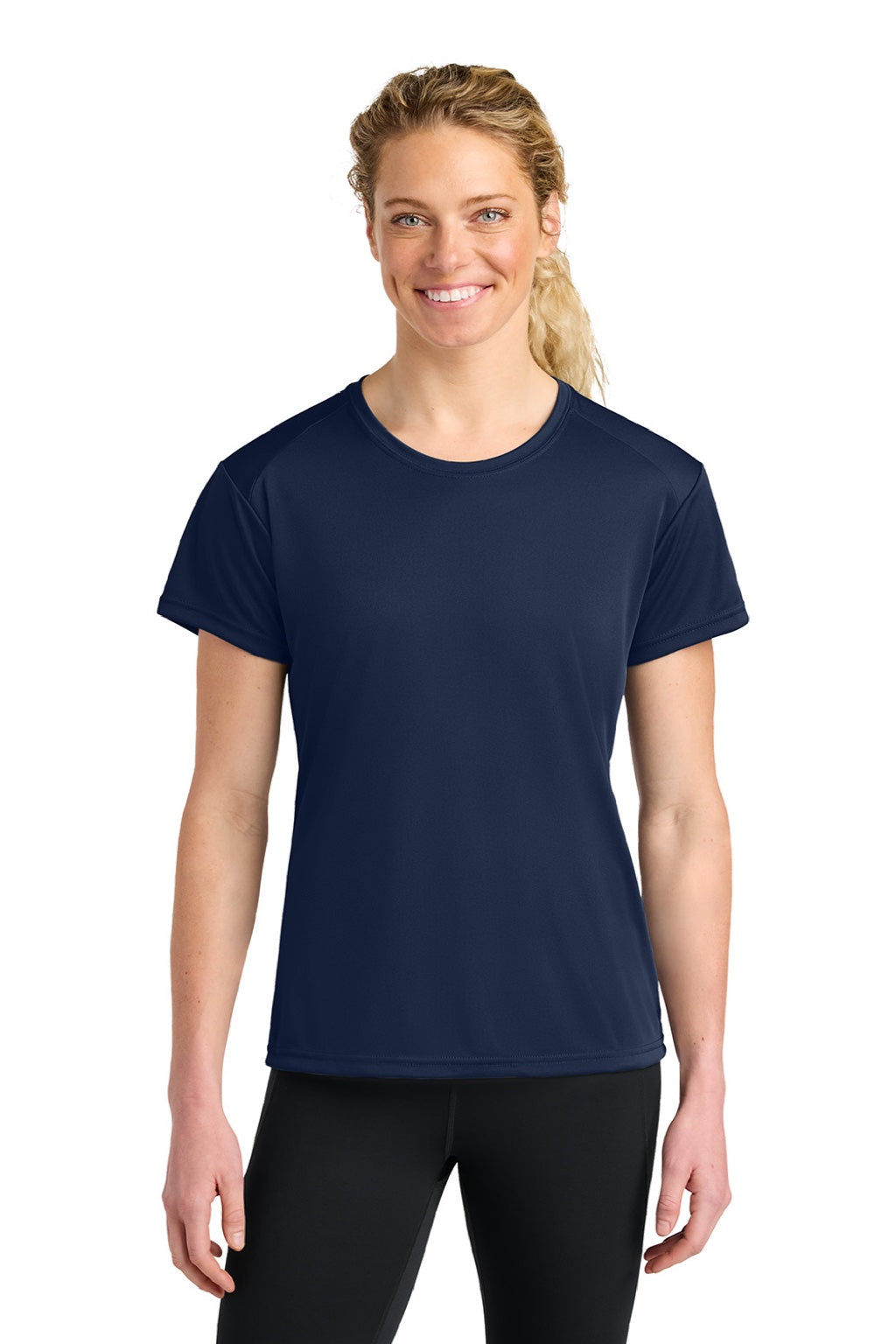 A4 A4NW3201 Womens Performance Moisture Wicking Short Sleeve Crewneck T-Shirt Navy Blue Model Front