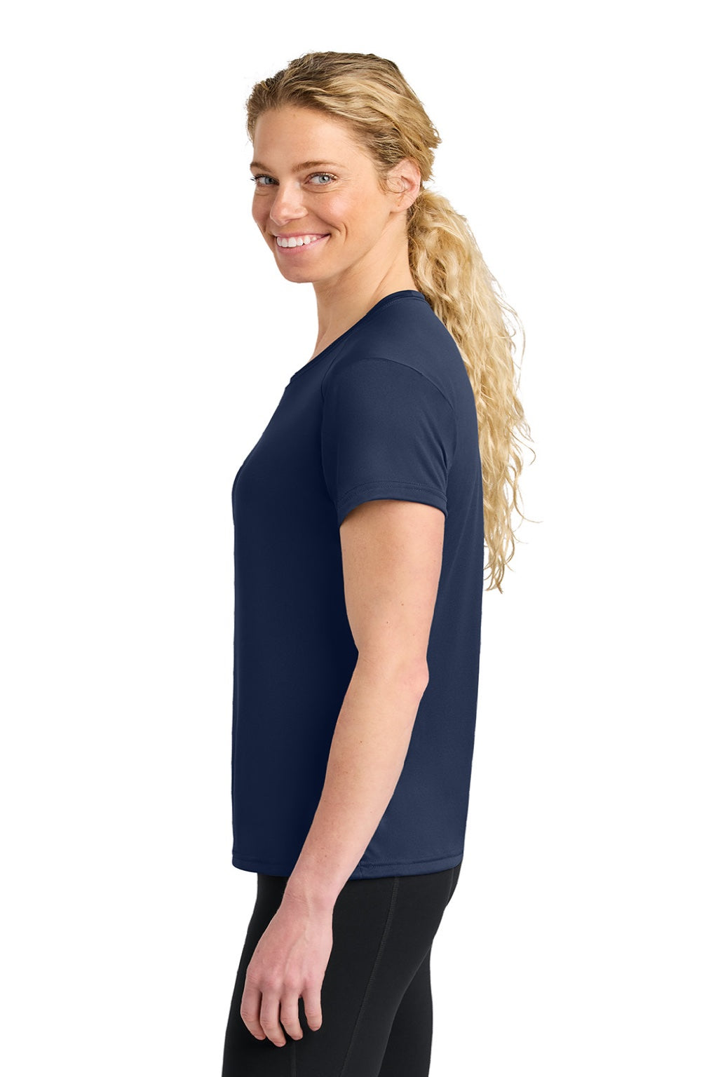 A4 A4NW3201 Womens Performance Moisture Wicking Short Sleeve Crewneck T-Shirt Navy Blue Model Side