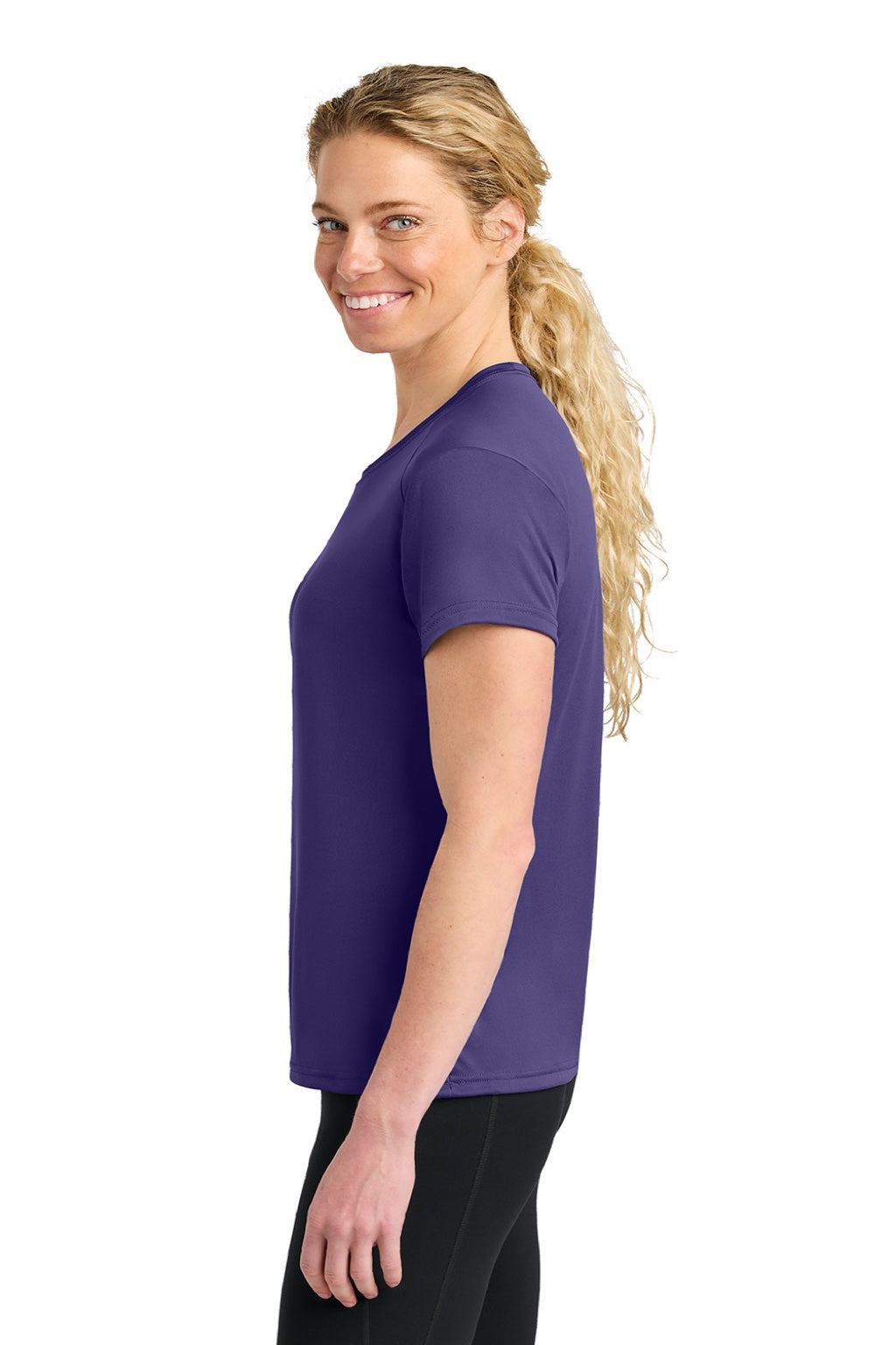 A4 A4NW3201 Womens Performance Moisture Wicking Short Sleeve Crewneck T-Shirt Purple Model Side