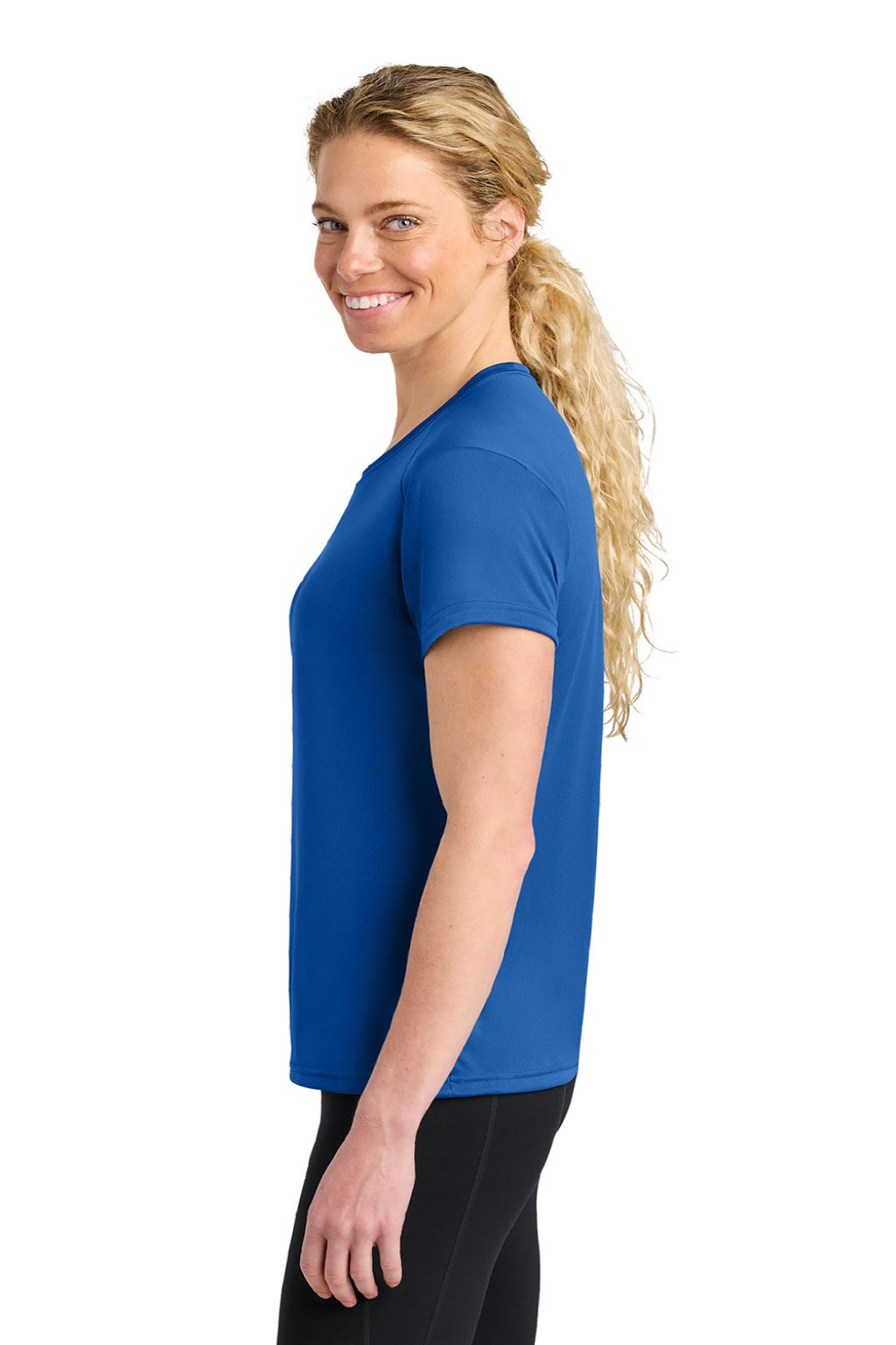 A4 A4NW3201 Womens Performance Moisture Wicking Short Sleeve Crewneck T-Shirt Royal Blue Model Side