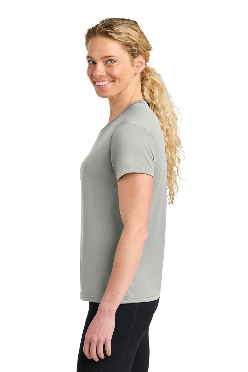 A4 A4NW3201 Womens Performance Moisture Wicking Short Sleeve Crewneck T-Shirt Silver Grey Model Side