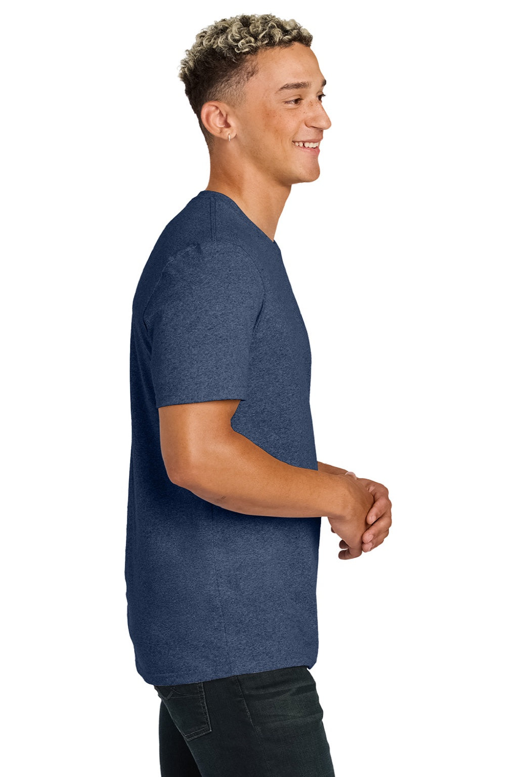 Allmade AL2300 Mens Recycled Short Sleeve Crewneck T-Shirt Heather Navy Blue Model Side