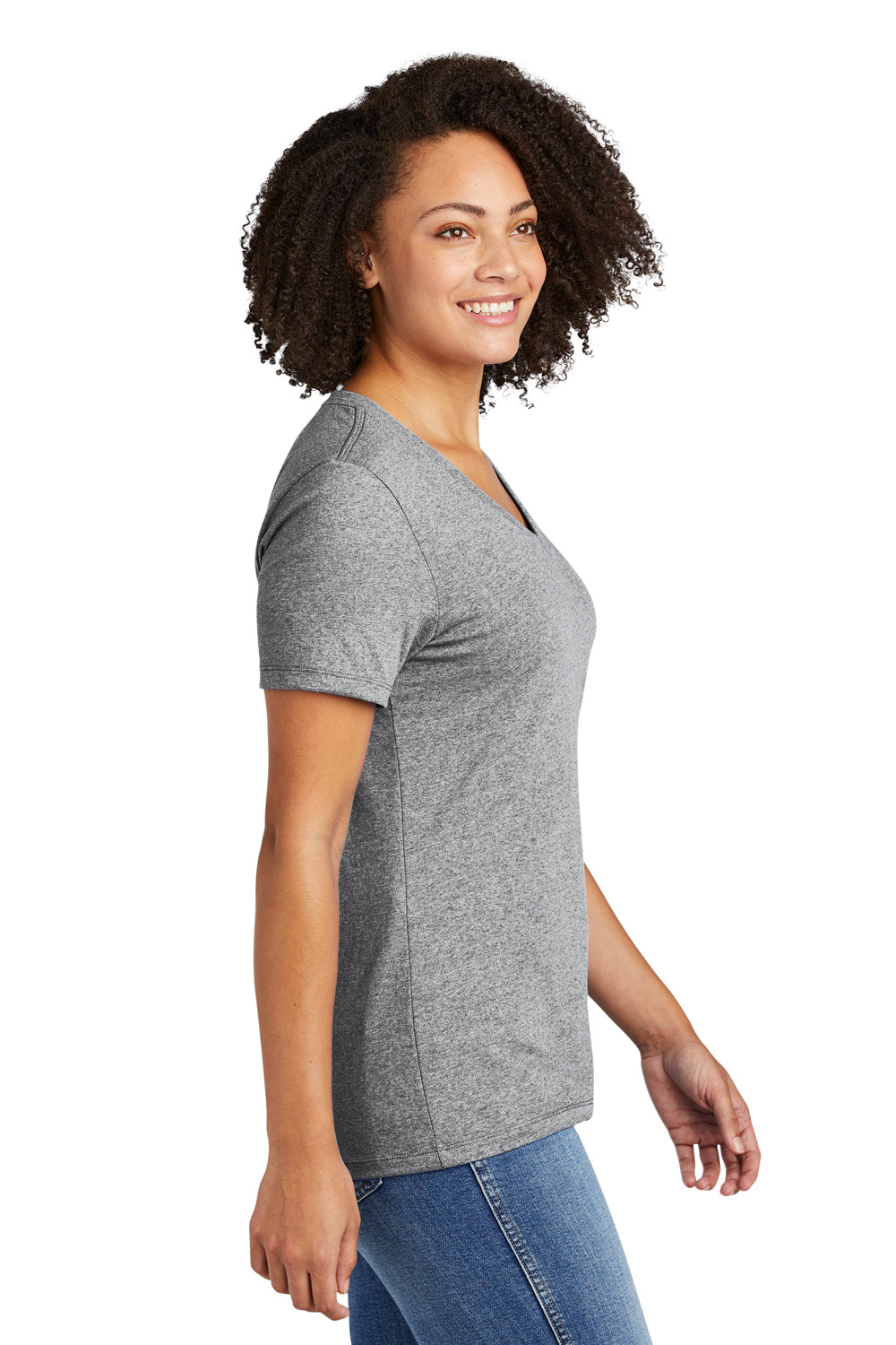 Allmade AL2303 Womens Recycled Short Sleeve V-Neck T-Shirt Heather Remade Grey Model Side