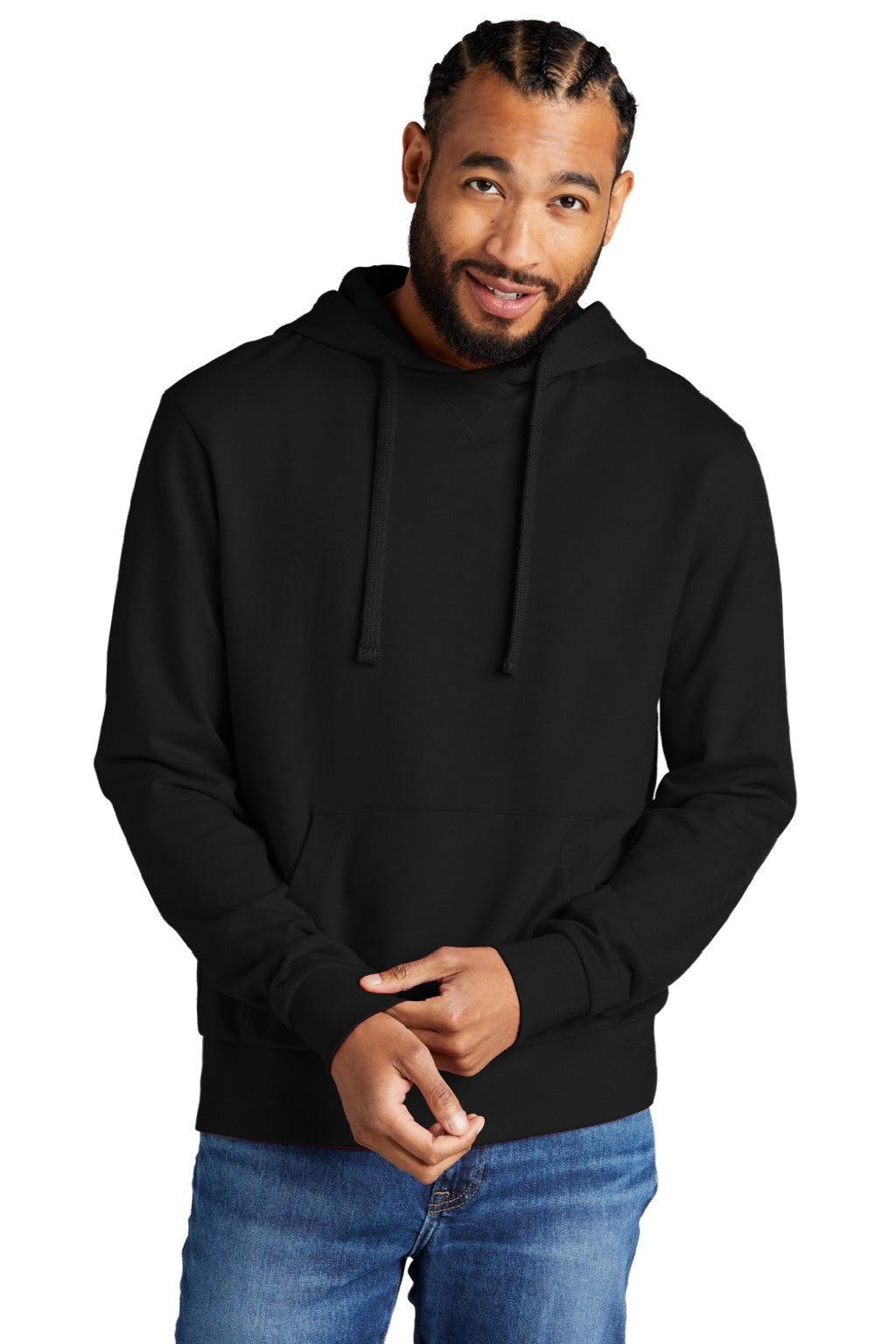 Allmade AL4000 Mens Organic French Terry Hooded Sweatshirt Hoodie w/ Pouch Pocket Deep Black Model Front