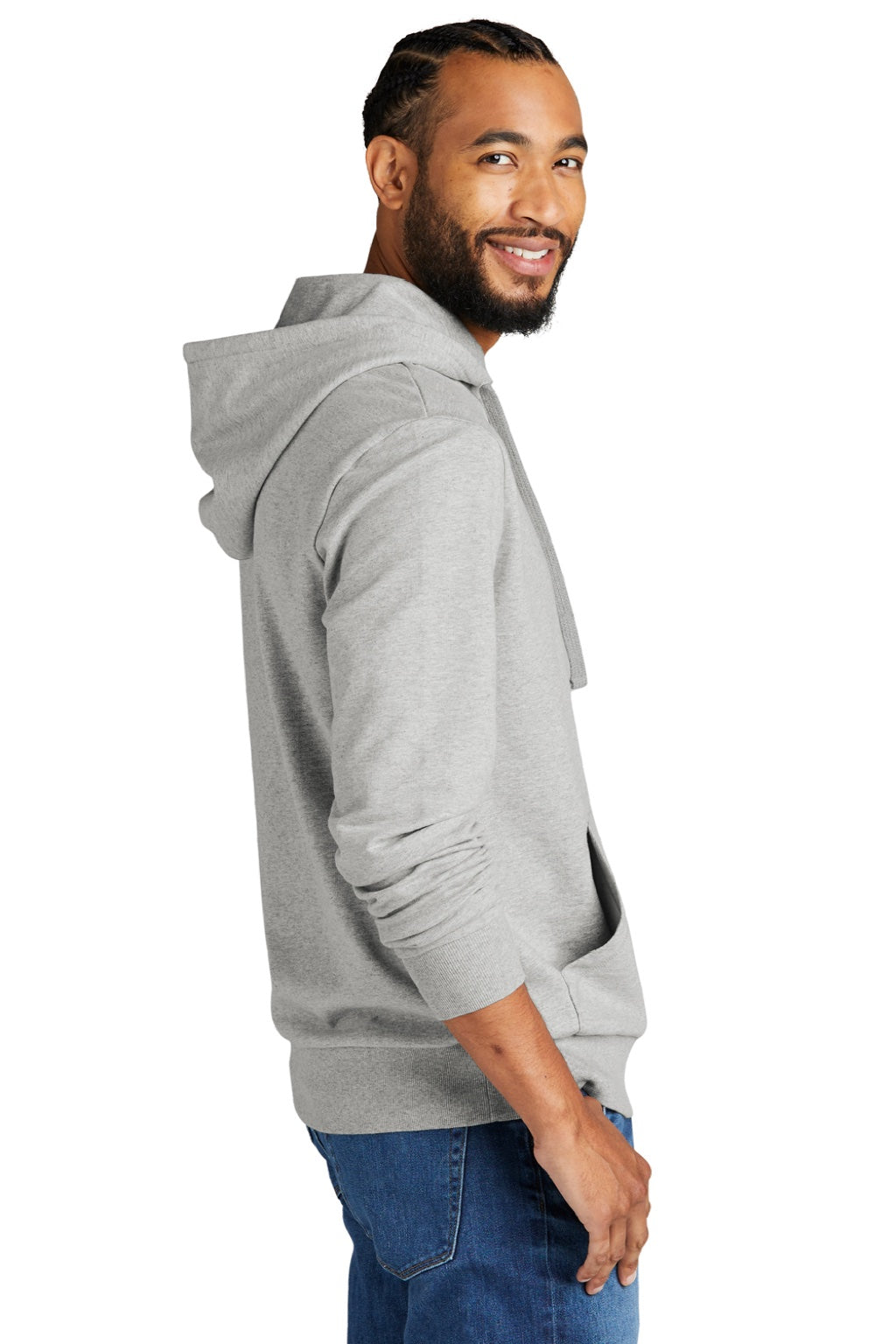Allmade AL4000 Mens Organic French Terry Hooded Sweatshirt Hoodie w/ Pouch Pocket Heather Granite Grey Model Side