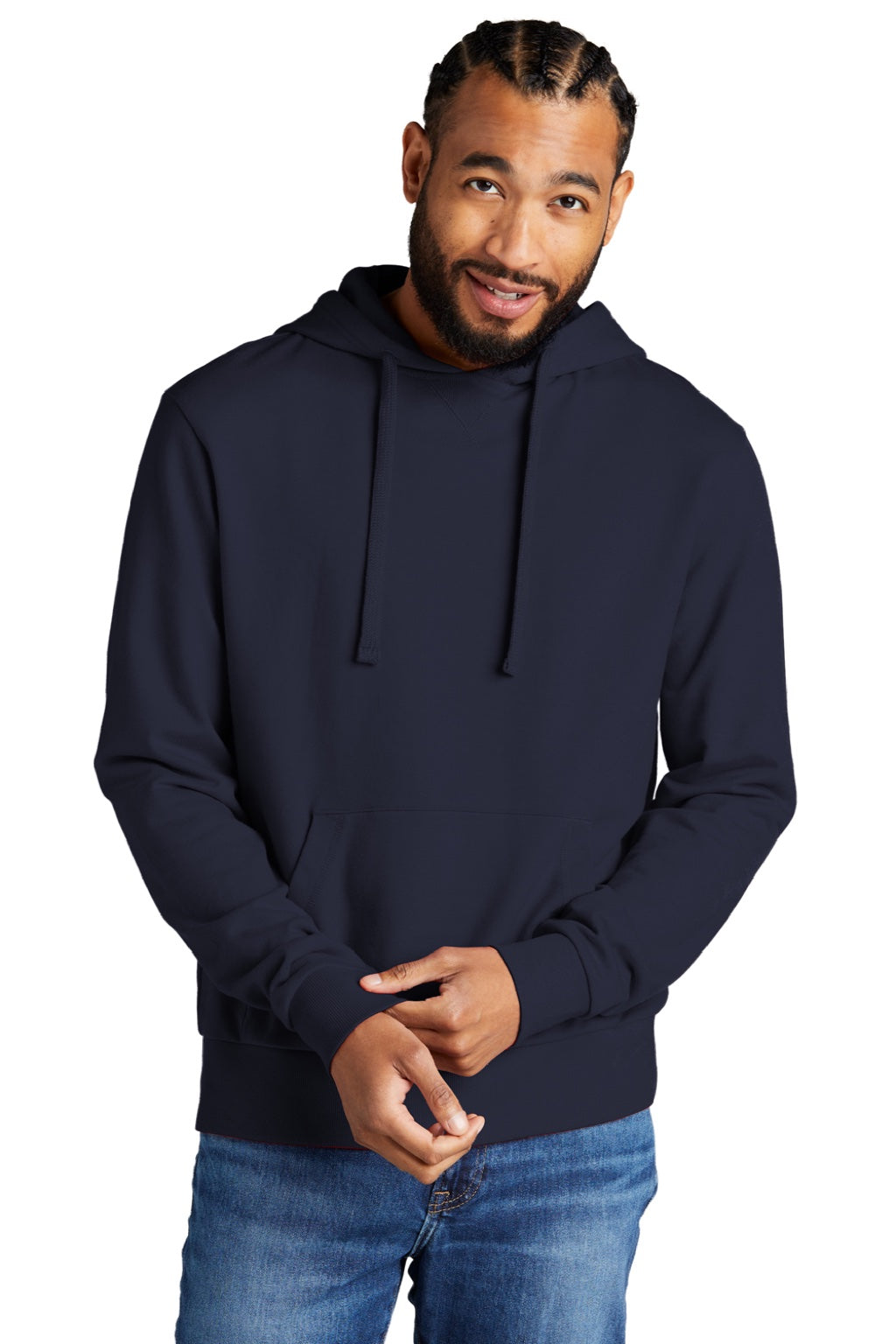 Allmade AL4000 Mens Organic French Terry Hooded Sweatshirt Hoodie w/ Pouch Pocket Night Sky Navy Blue Model Front