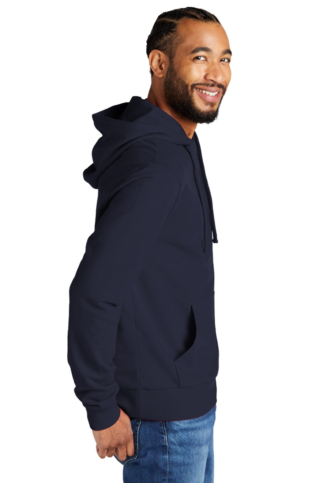 Allmade AL4000 Mens Organic French Terry Hooded Sweatshirt Hoodie w/ Pouch Pocket Night Sky Navy Blue Model Side