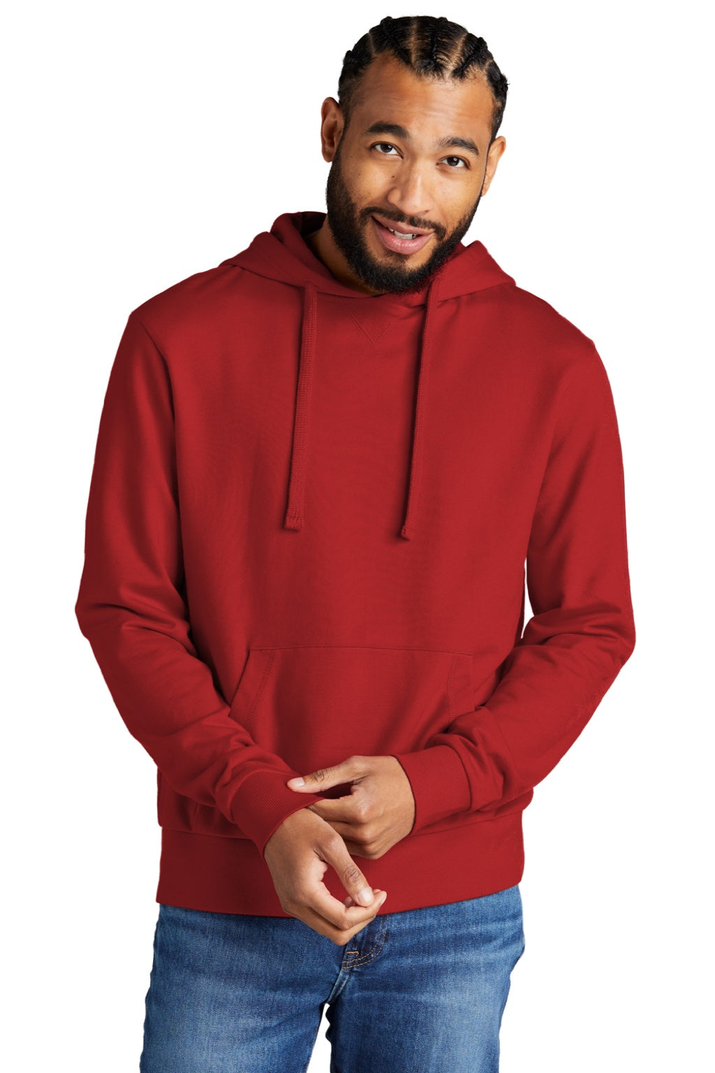 Allmade AL4000 Mens Organic French Terry Hooded Sweatshirt Hoodie w/ Pouch Pocket Revolution Red Model Front