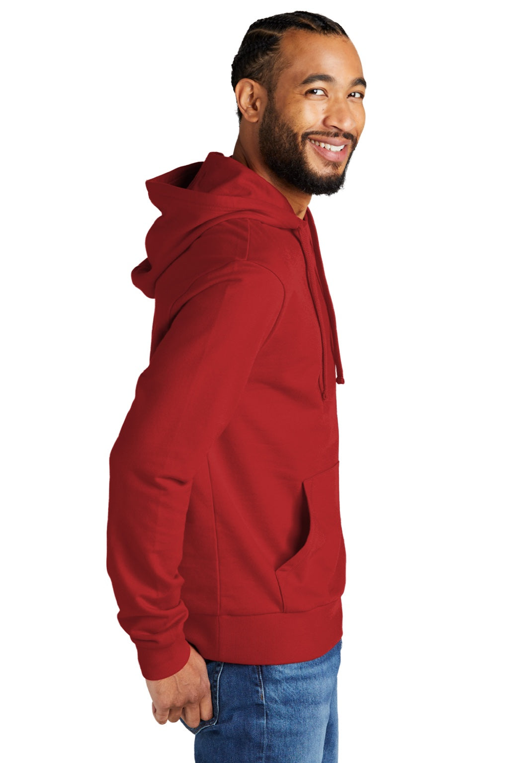 Allmade AL4000 Mens Organic French Terry Hooded Sweatshirt Hoodie w/ Pouch Pocket Revolution Red Model Side