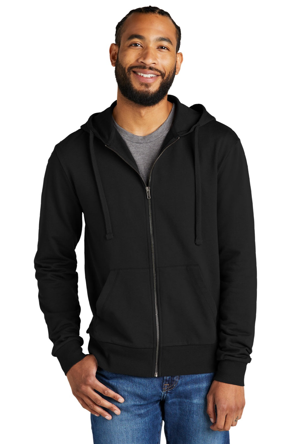 Allmade AL4002 Mens Organic French Terry Full Zip Hooded Sweatshirt Hoodie w/ Pockets Deep Black Model Front