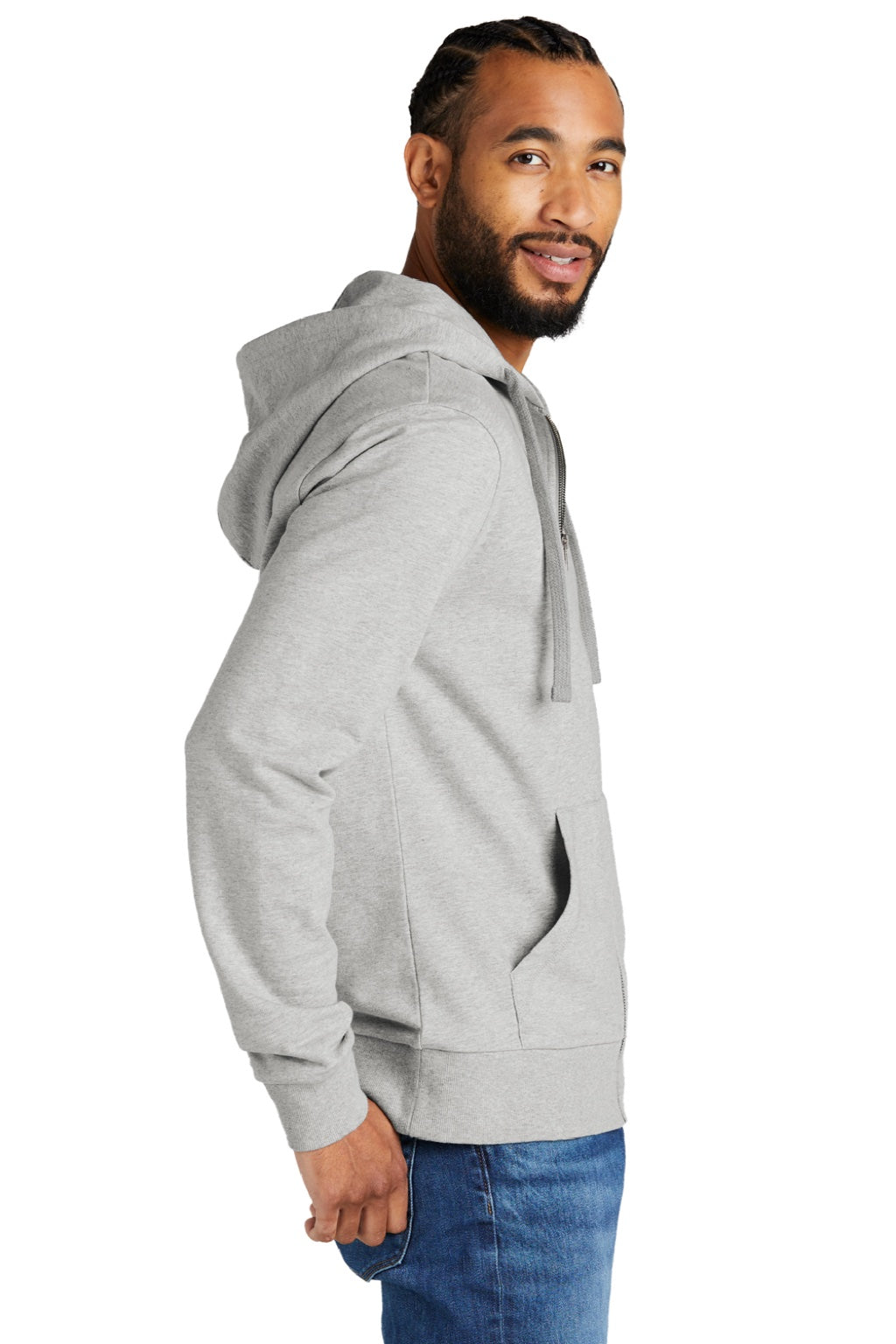 Allmade AL4002 Mens Organic French Terry Full Zip Hooded Sweatshirt Hoodie w/ Pockets Heather Granite Grey Model Side