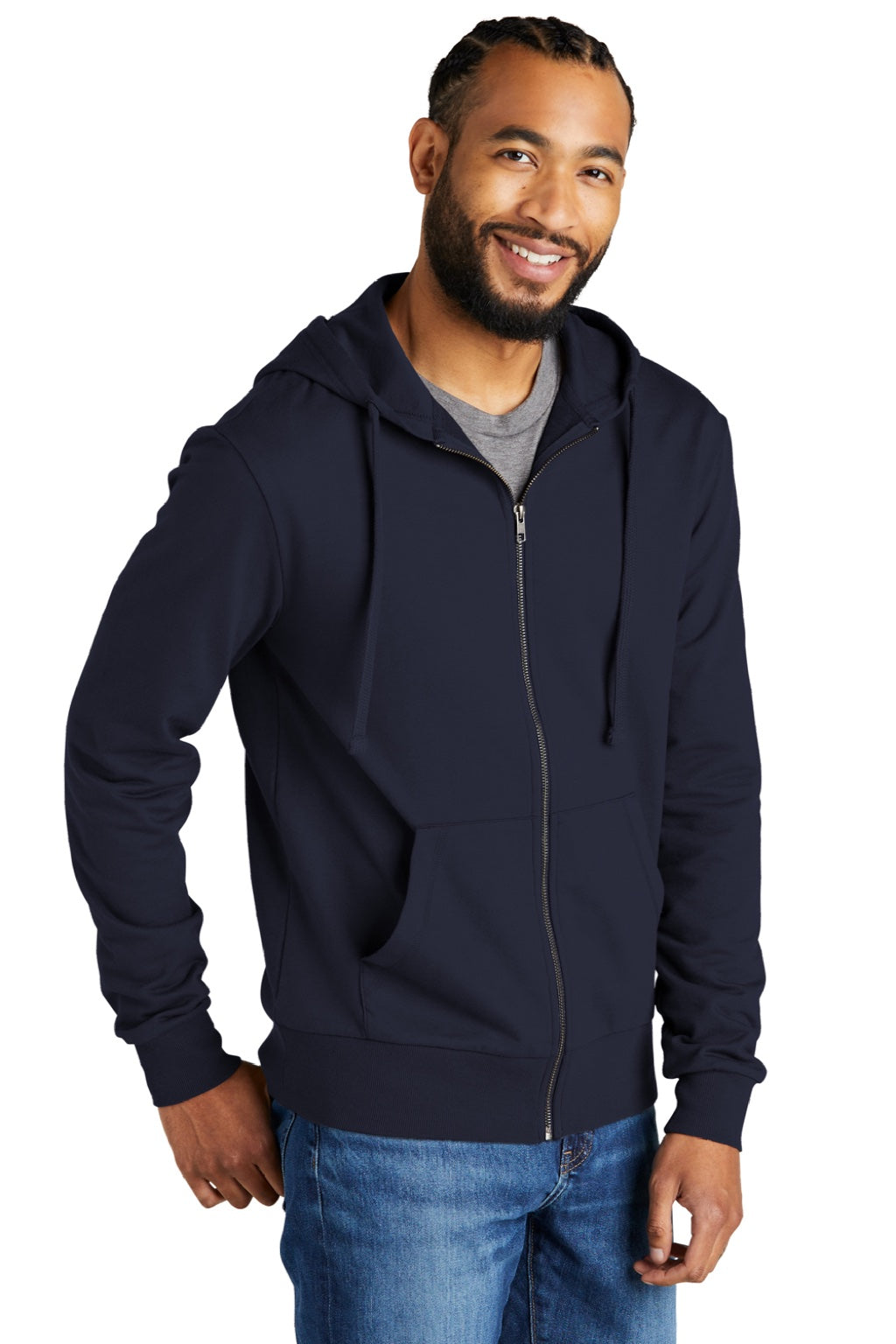 Allmade AL4002 Mens Organic French Terry Full Zip Hooded Sweatshirt Hoodie w/ Pockets Night Sky Navy Blue Model 3Q