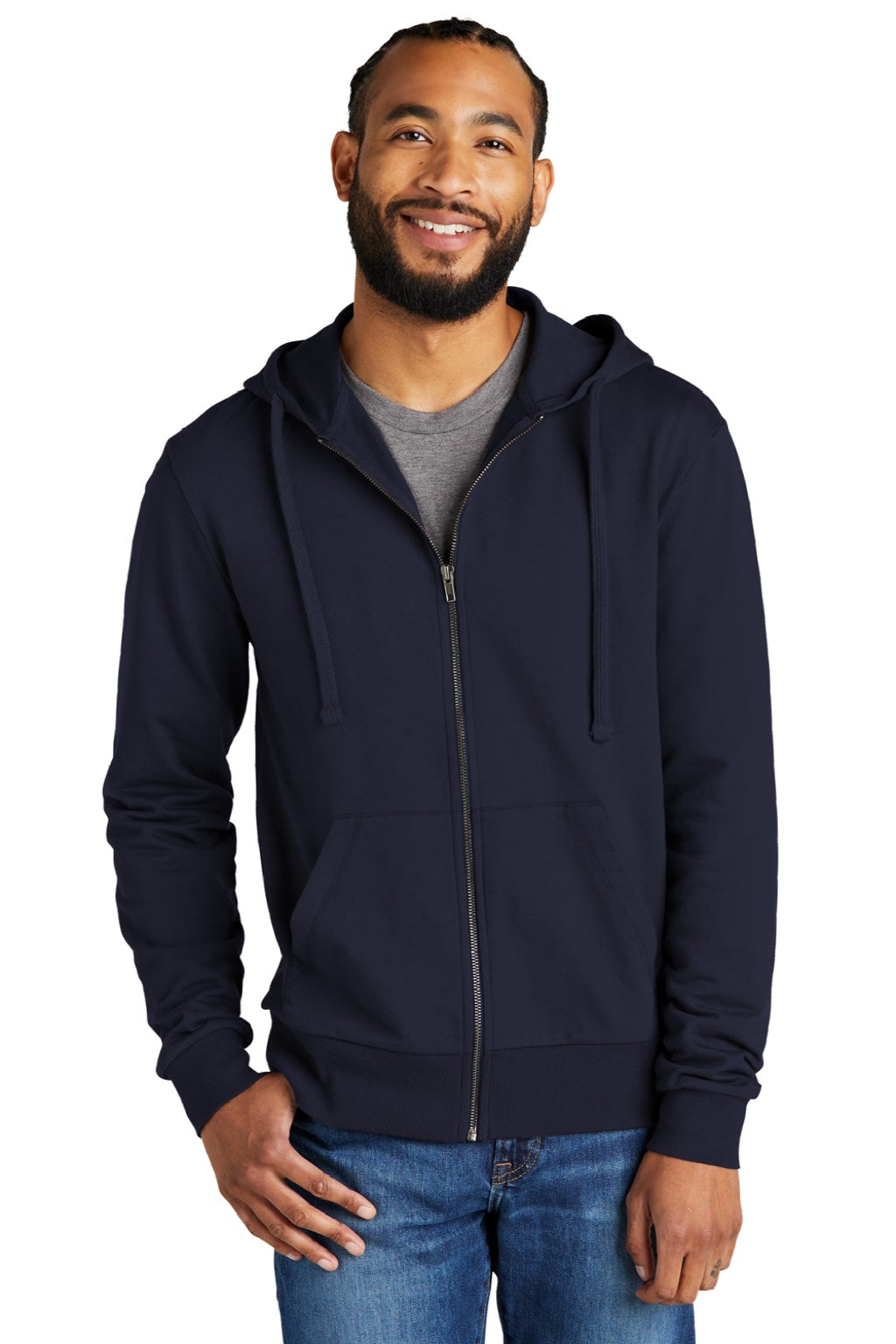 Allmade AL4002 Mens Organic French Terry Full Zip Hooded Sweatshirt Hoodie w/ Pockets Night Sky Navy Blue Model Front