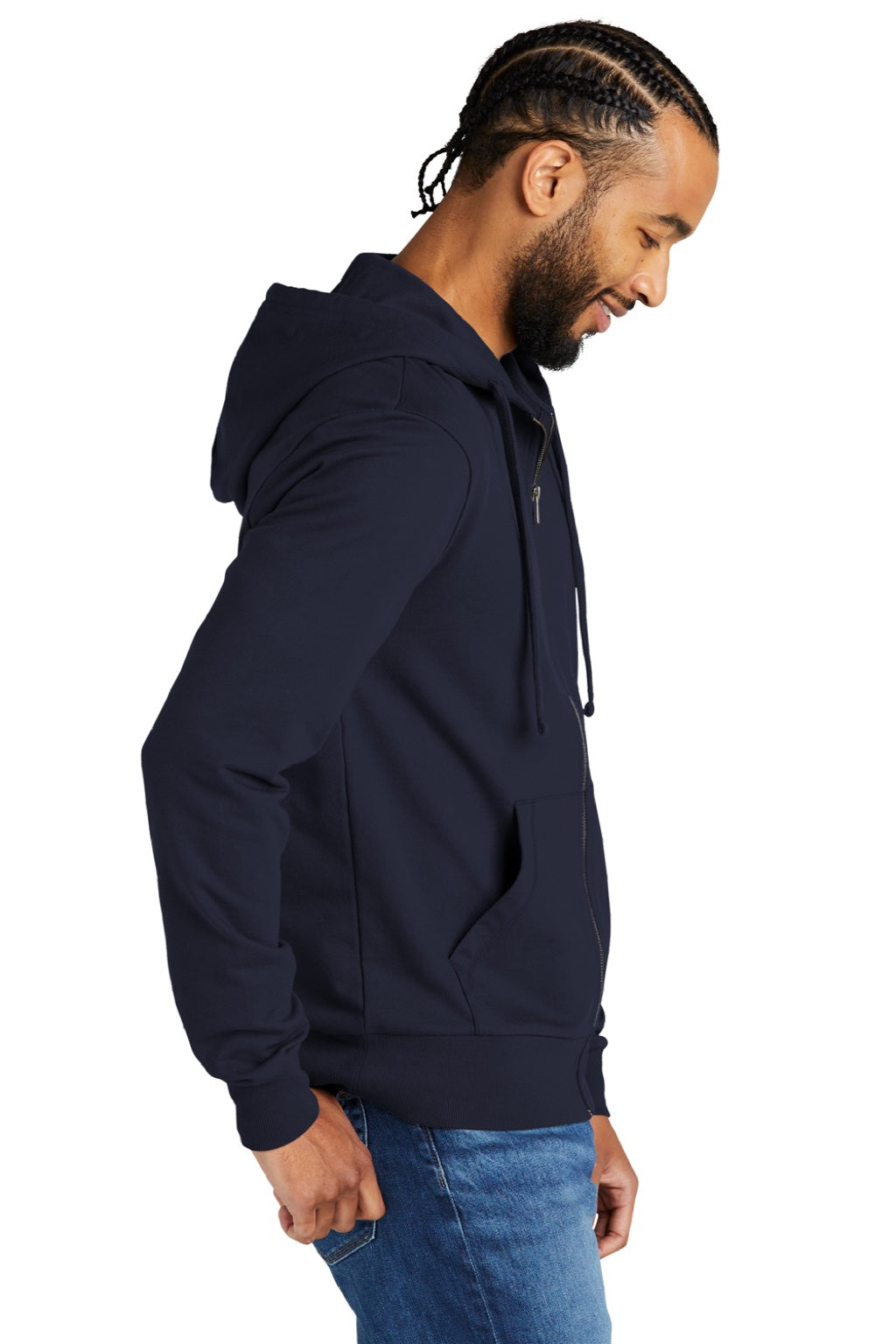 Allmade AL4002 Mens Organic French Terry Full Zip Hooded Sweatshirt Hoodie w/ Pockets Night Sky Navy Blue Model Side