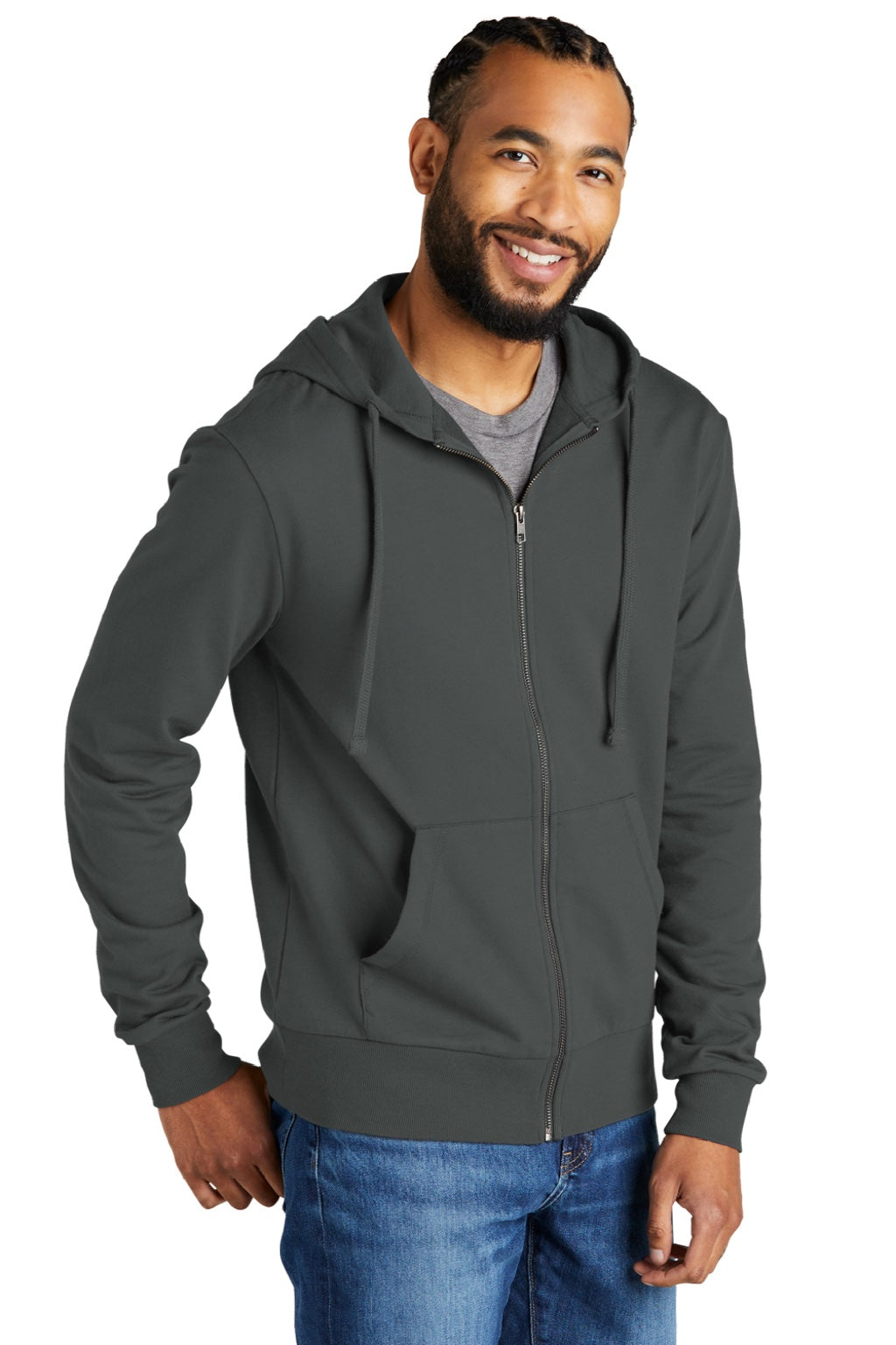Allmade AL4002 Mens Organic French Terry Full Zip Hooded Sweatshirt Hoodie w/ Pockets Terrain Grey Model 3Q