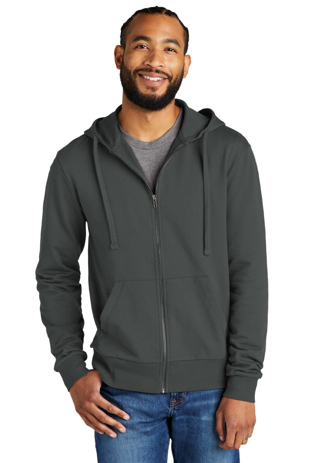 Allmade AL4002 Mens Organic French Terry Full Zip Hooded Sweatshirt Hoodie w/ Pockets Terrain Grey Model Front